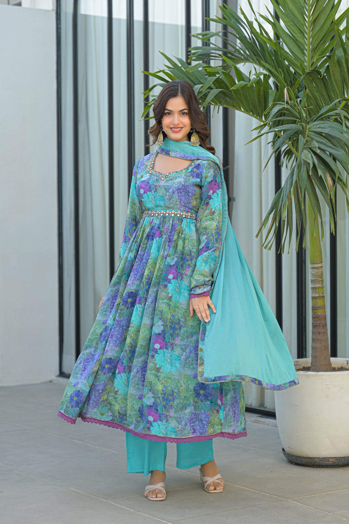 Blue Chinon Silk Handwork Anarkali Suit Set With Dupatta