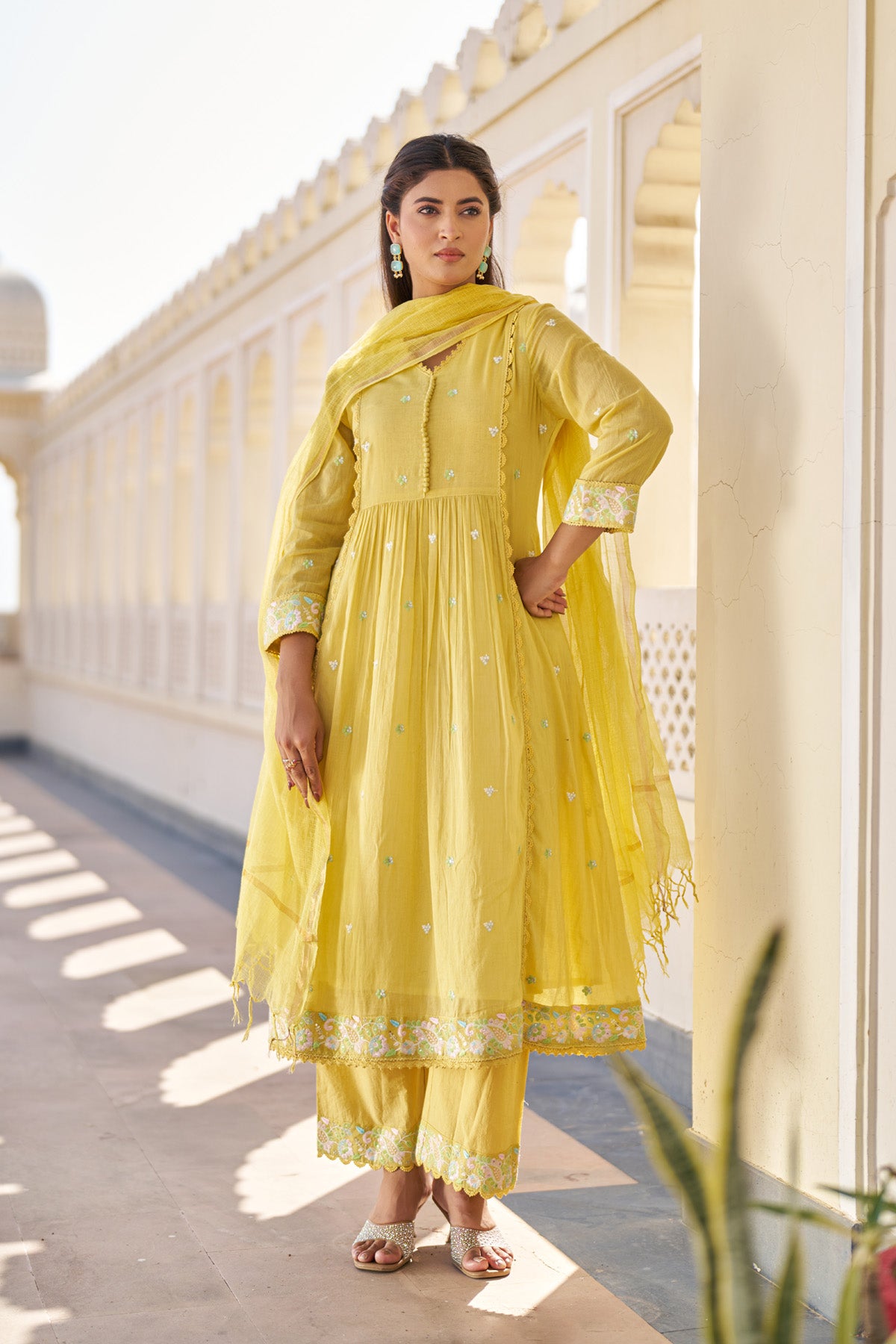 Yellow Mul Mul Embroidered Anarkali Suit Set With Dupatta