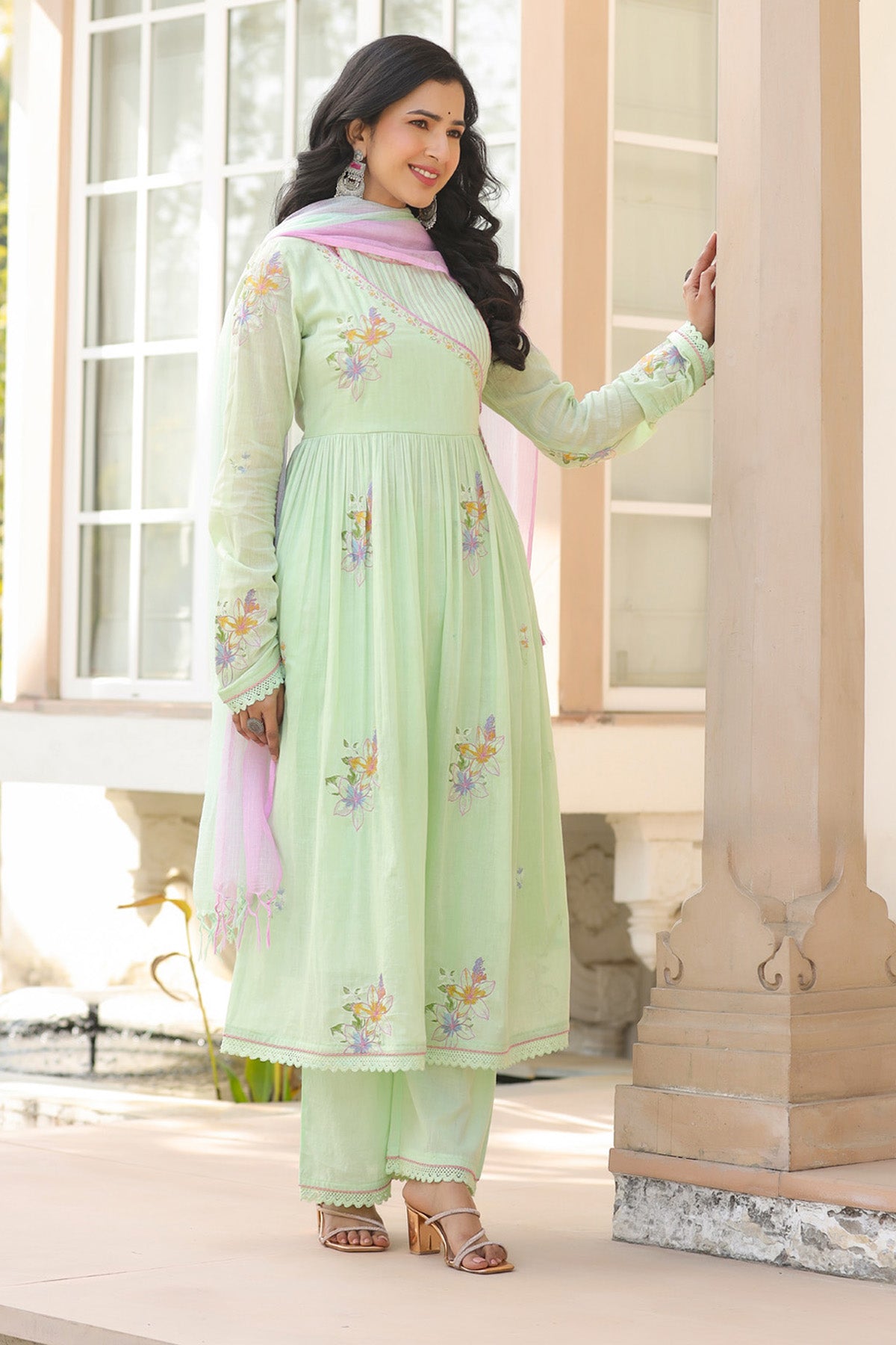 Green Mul Mul Embroidered Anarkali Suit Set With Dupatta