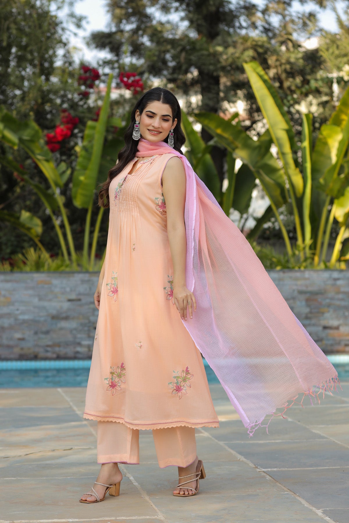 Peach Mul Mul Embroidered Anarkali Suit Set With Dupatta