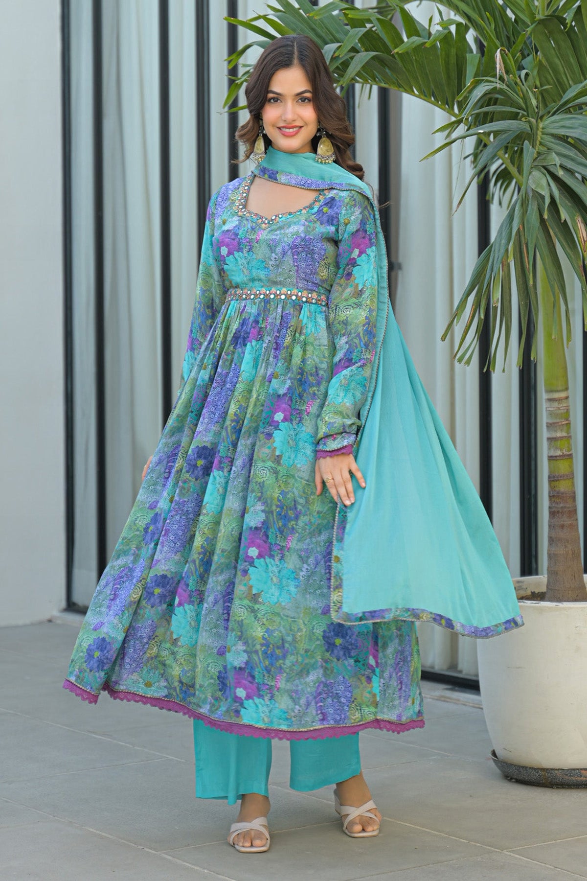 Blue Chinon Silk Handwork Anarkali Suit Set With Dupatta