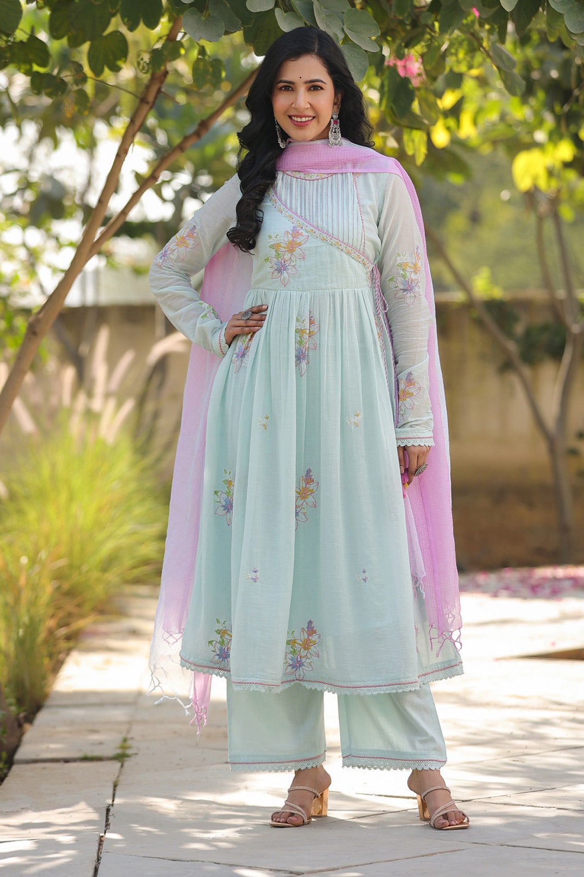 Sky Blue Mul Mul Embroidered Anarkali Suit Set With Dupatta