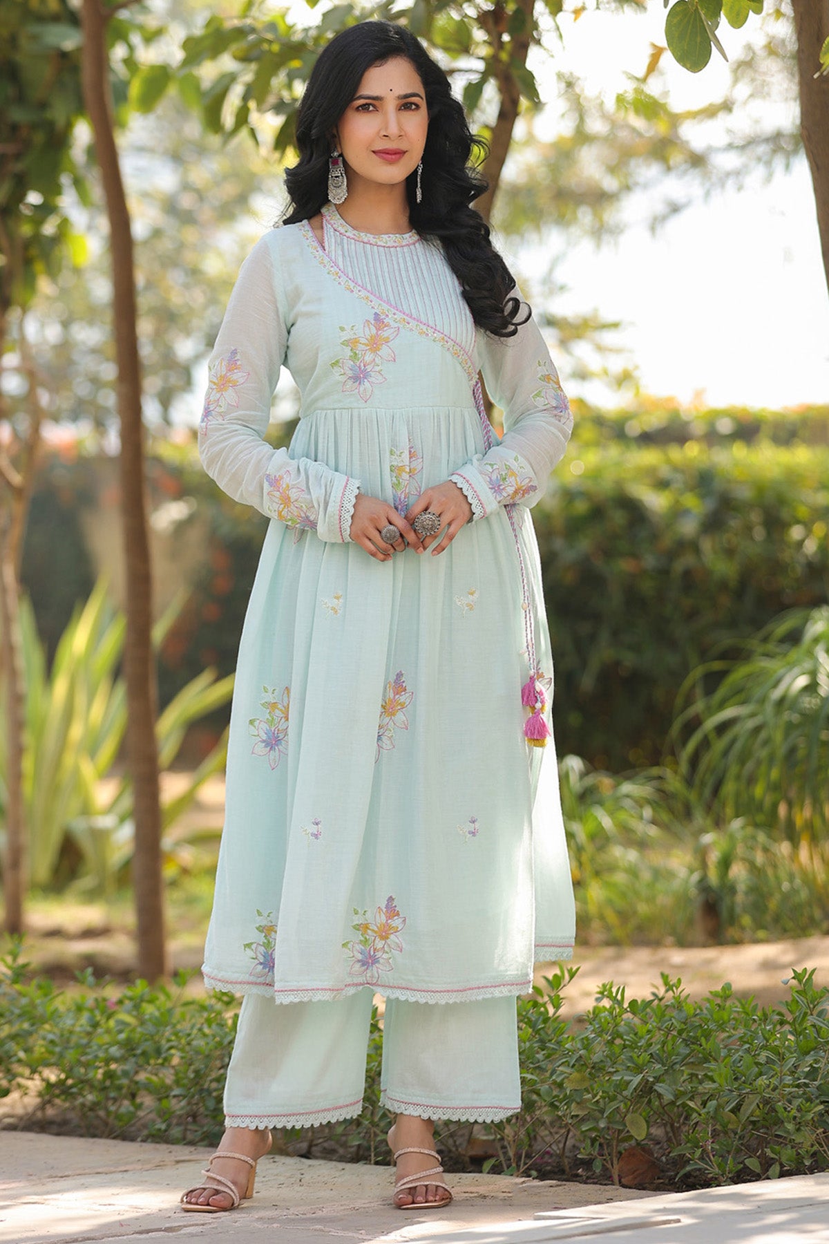 Sky Blue Mul Mul Embroidered Anarkali Suit Set With Dupatta