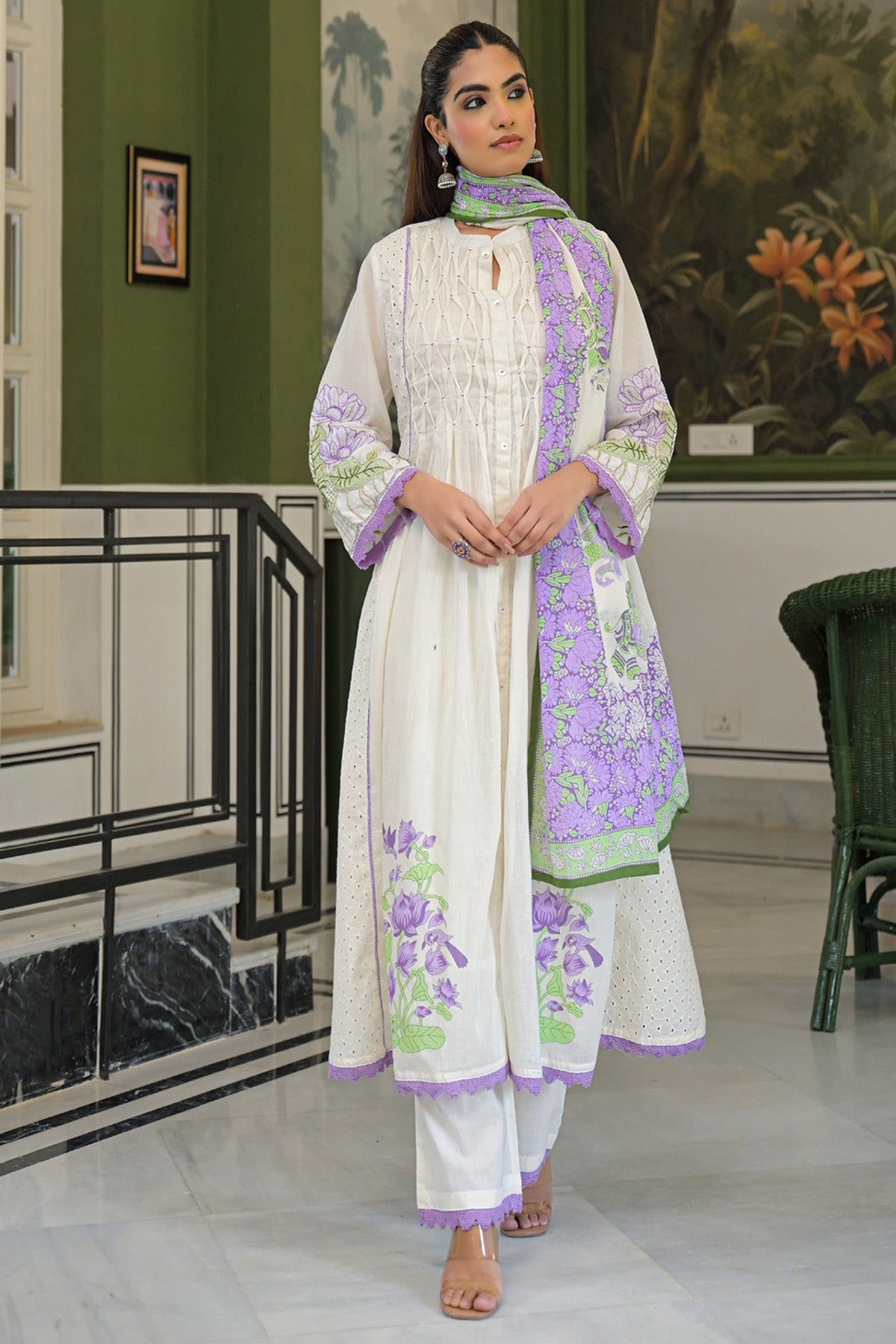 Purple Mul Mul Embroidered Anarkali Suit Set With Dupatta
