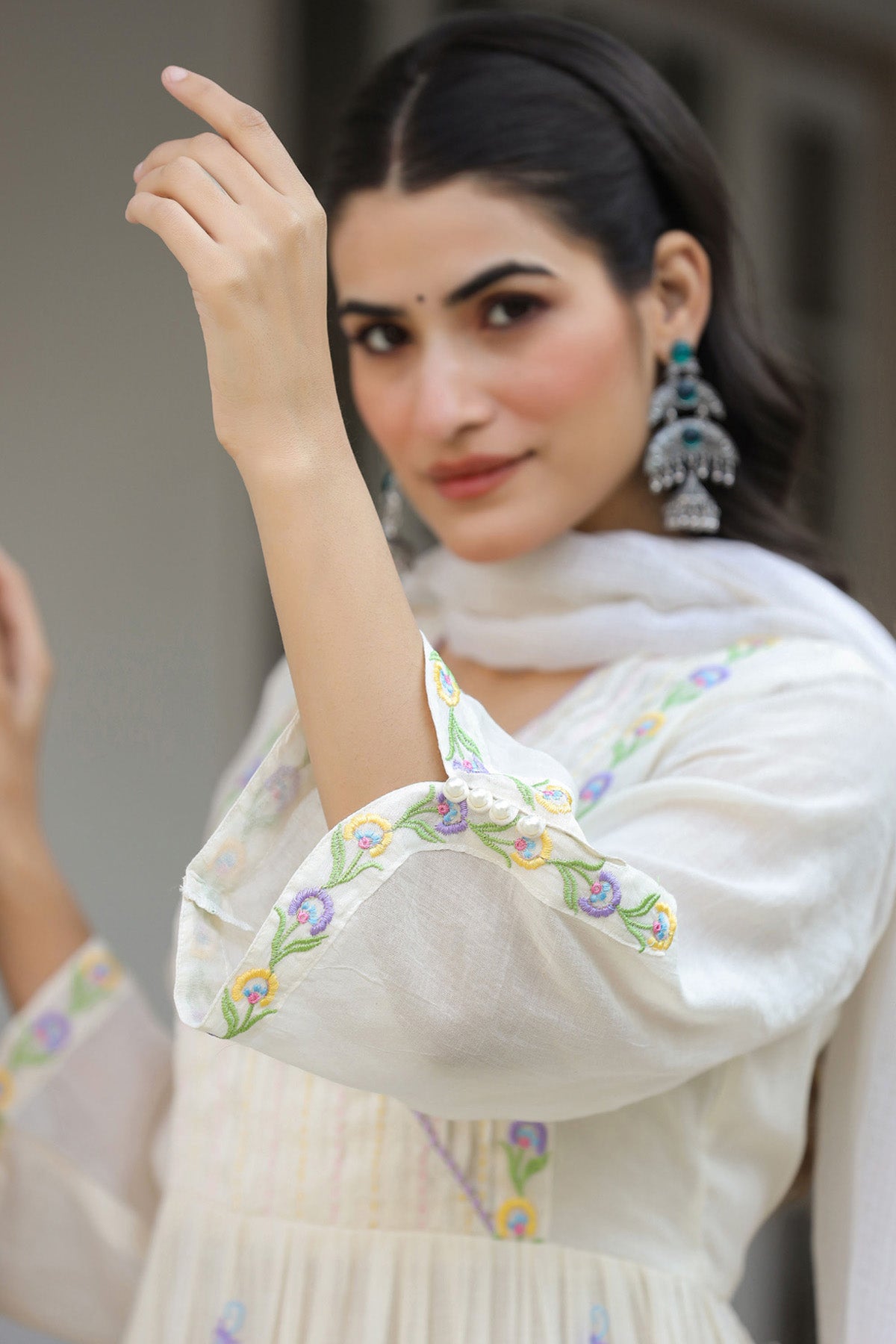 White Mul Mul Embroidered Anarkali Suit Set With Dupatta