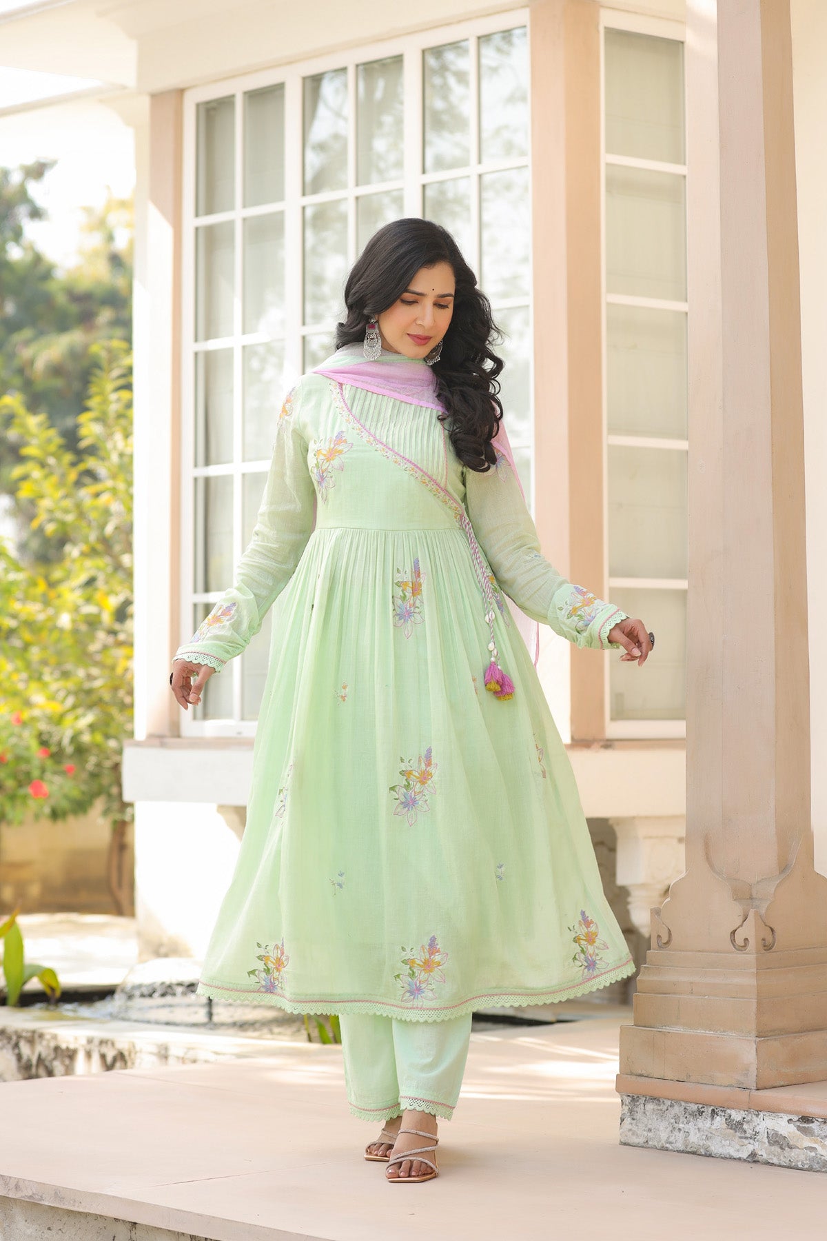 Green Mul Mul Embroidered Anarkali Suit Set With Dupatta