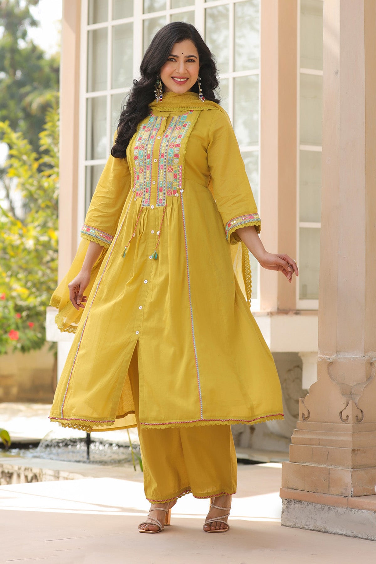 Yellow Mul Mul Embroidered Anarkali Suit Set With Dupatta
