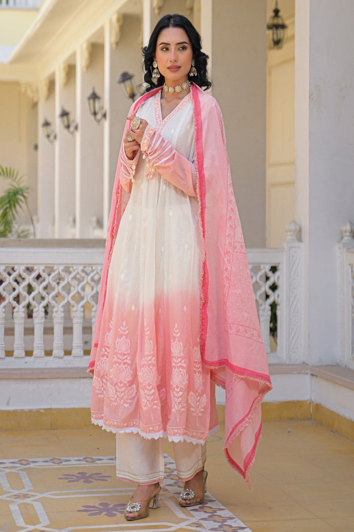 Pink Ombre Mul Mul Embroidered Anarkali Suit Set With Dupatta