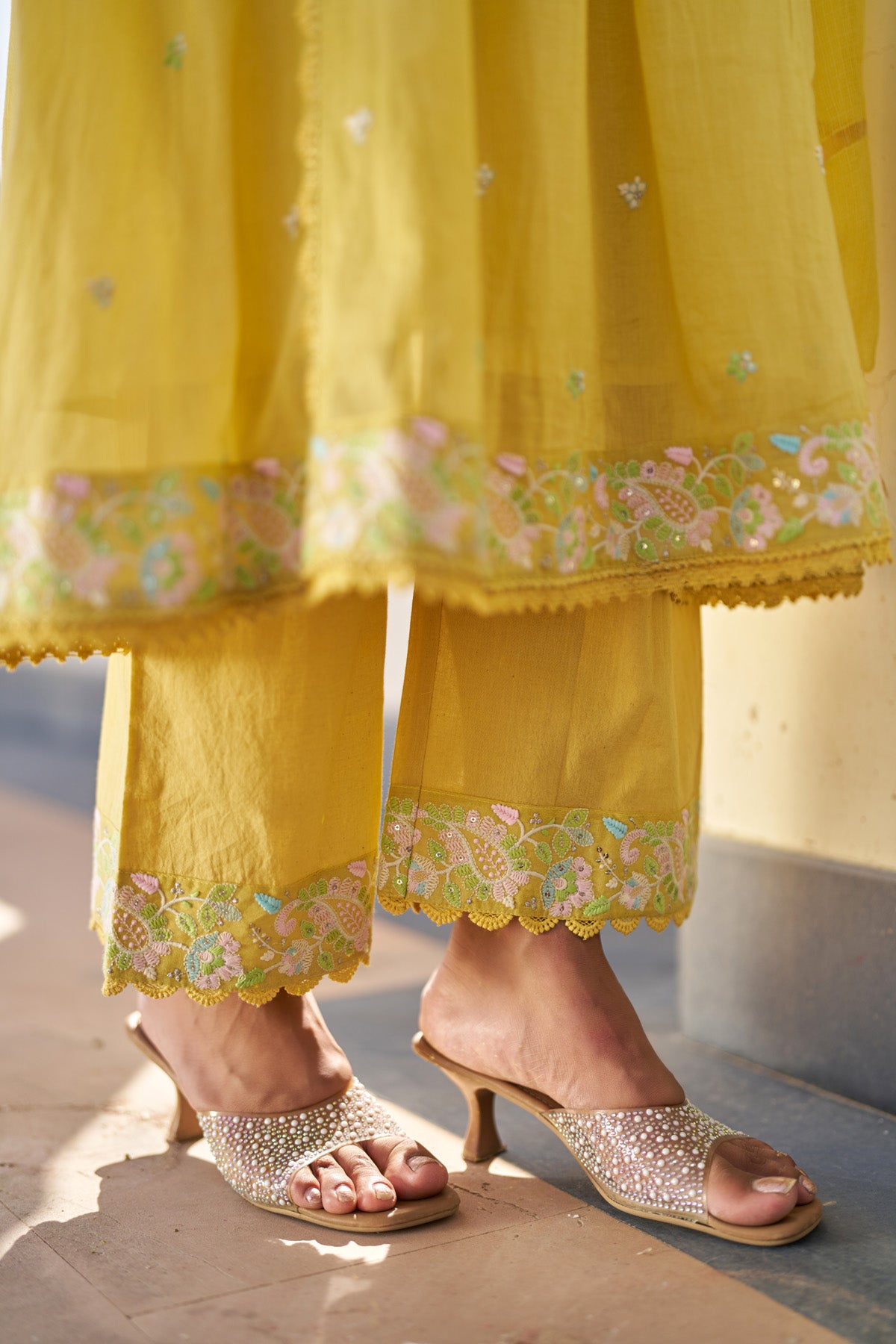 Yellow Mul Mul Embroidered Anarkali Suit Set With Dupatta