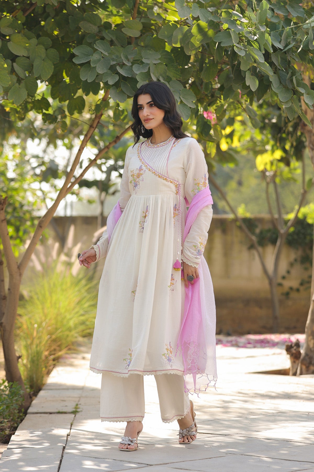 Cream Mul Mul Embroidered Anarkali Suit Set With Dupatta