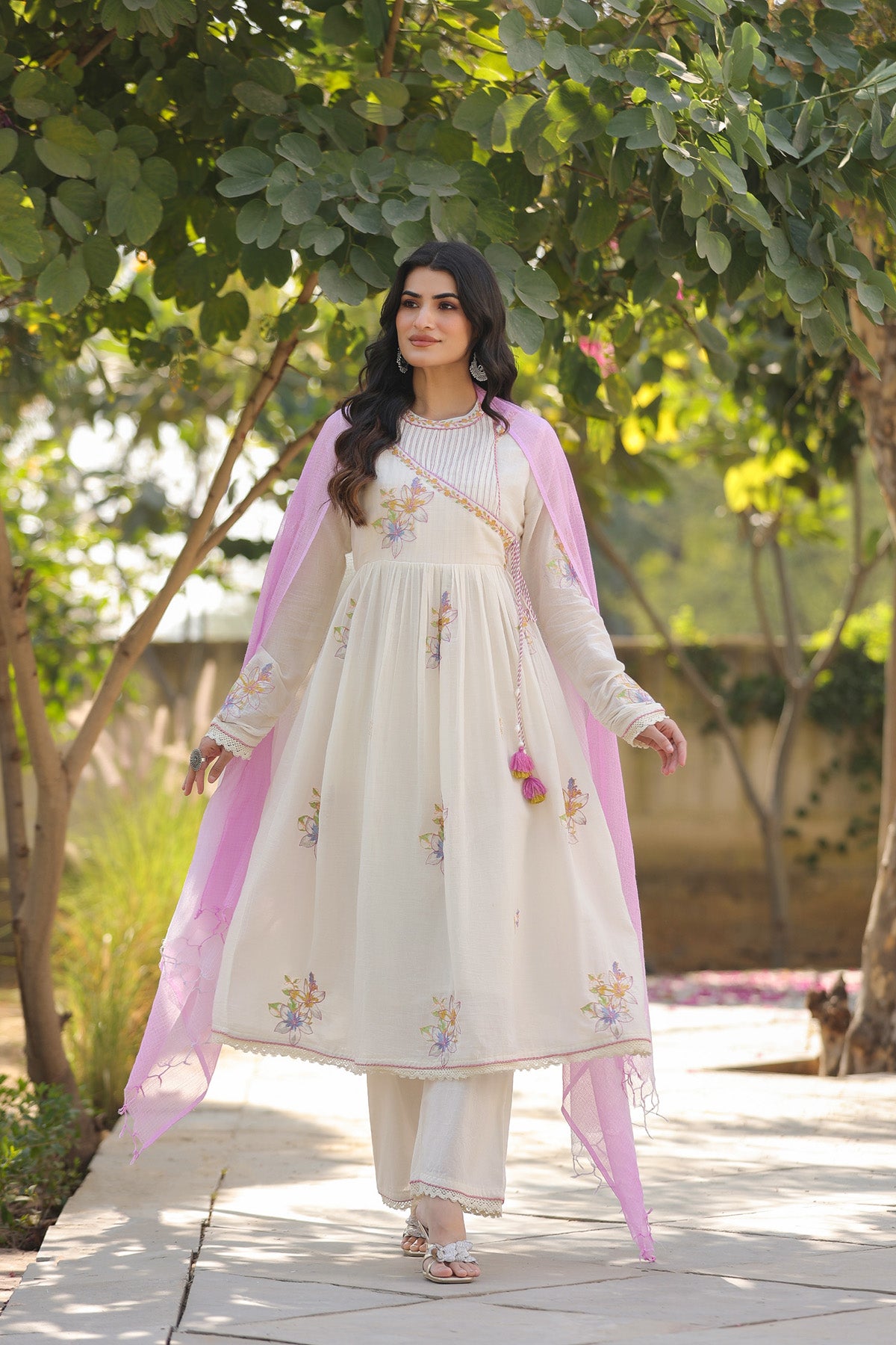 Cream Mul Mul Embroidered Anarkali Suit Set With Dupatta