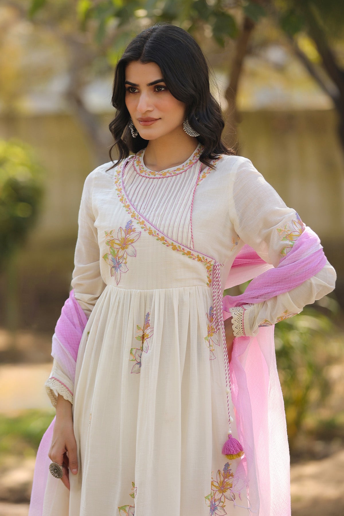 Cream Mul Mul Embroidered Anarkali Suit Set With Dupatta
