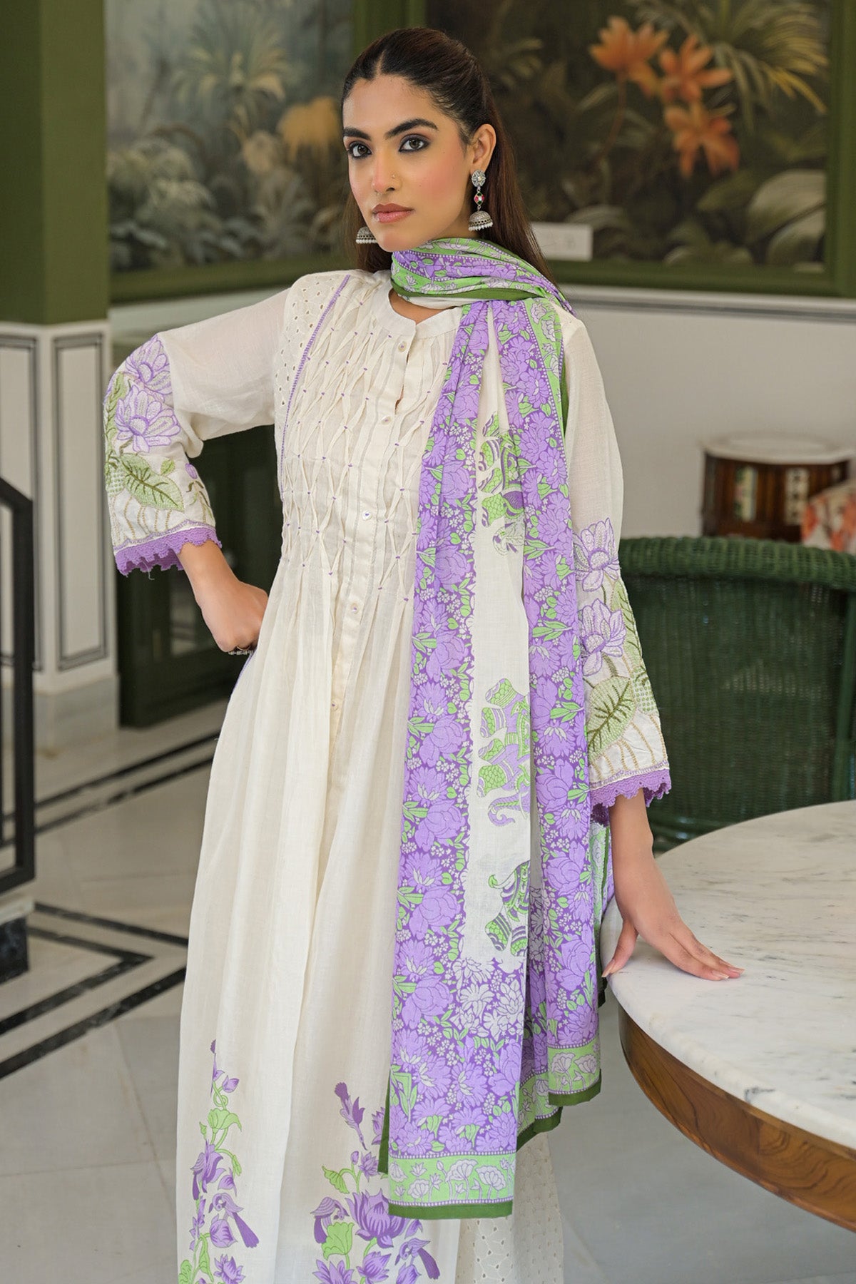 Purple Mul Mul Embroidered Anarkali Suit Set With Dupatta