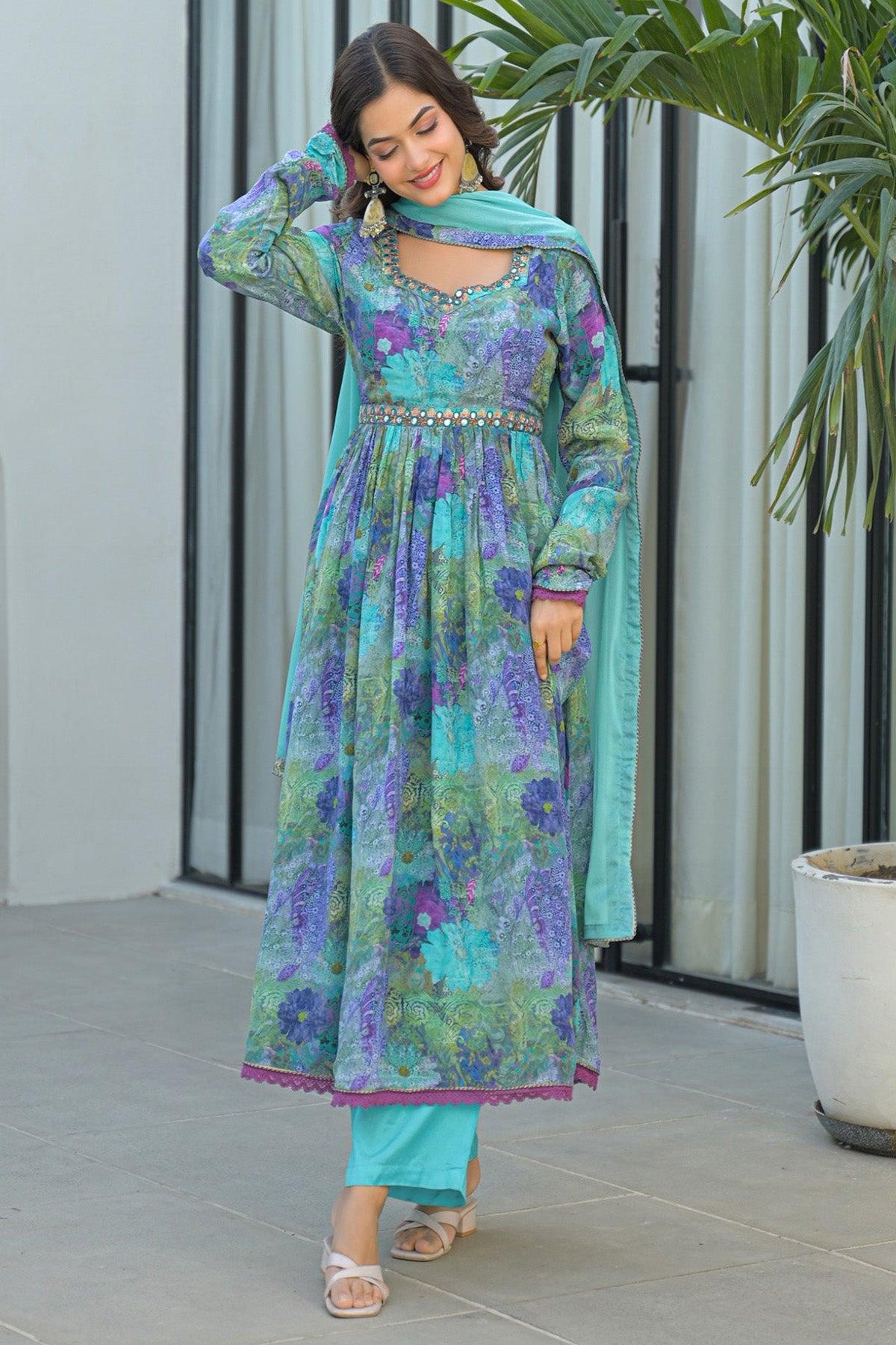 Blue Chinon Silk Handwork Anarkali Suit Set With Dupatta