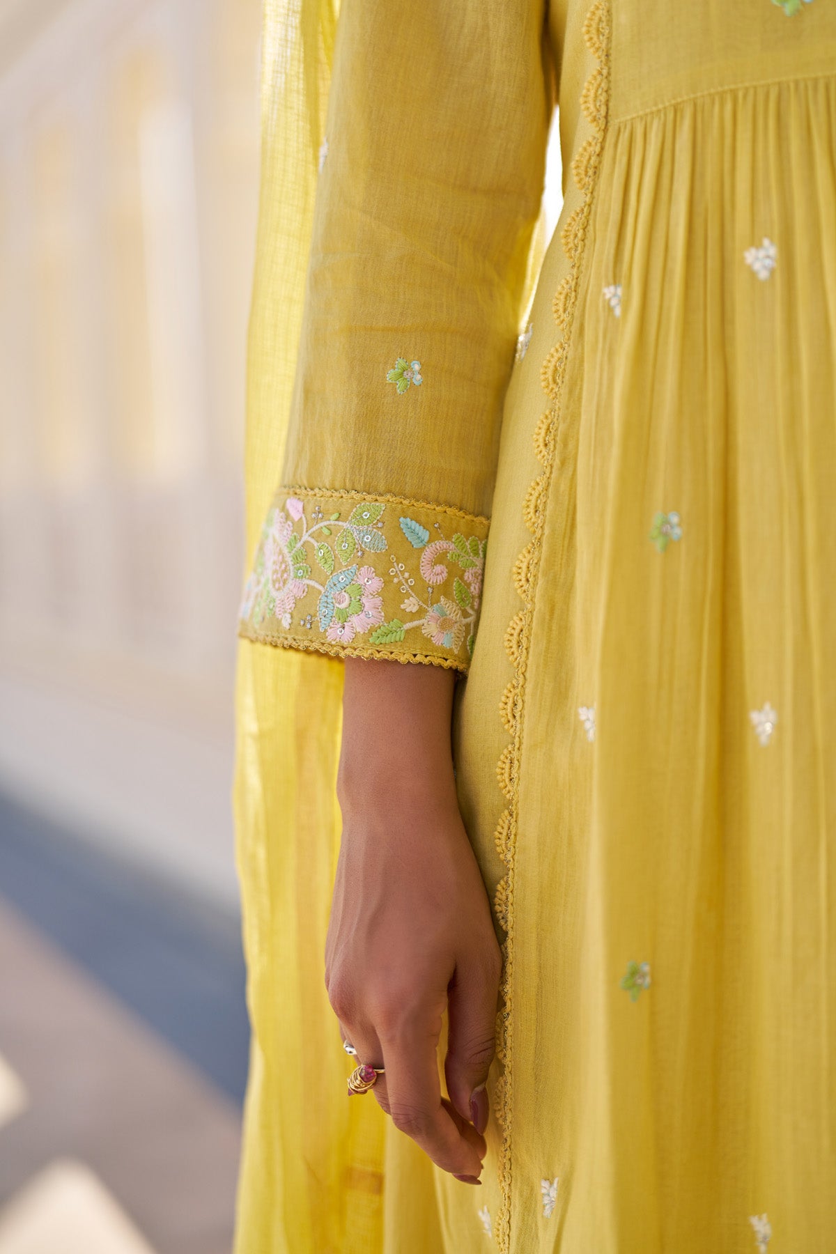 Yellow Mul Mul Embroidered Anarkali Suit Set With Dupatta