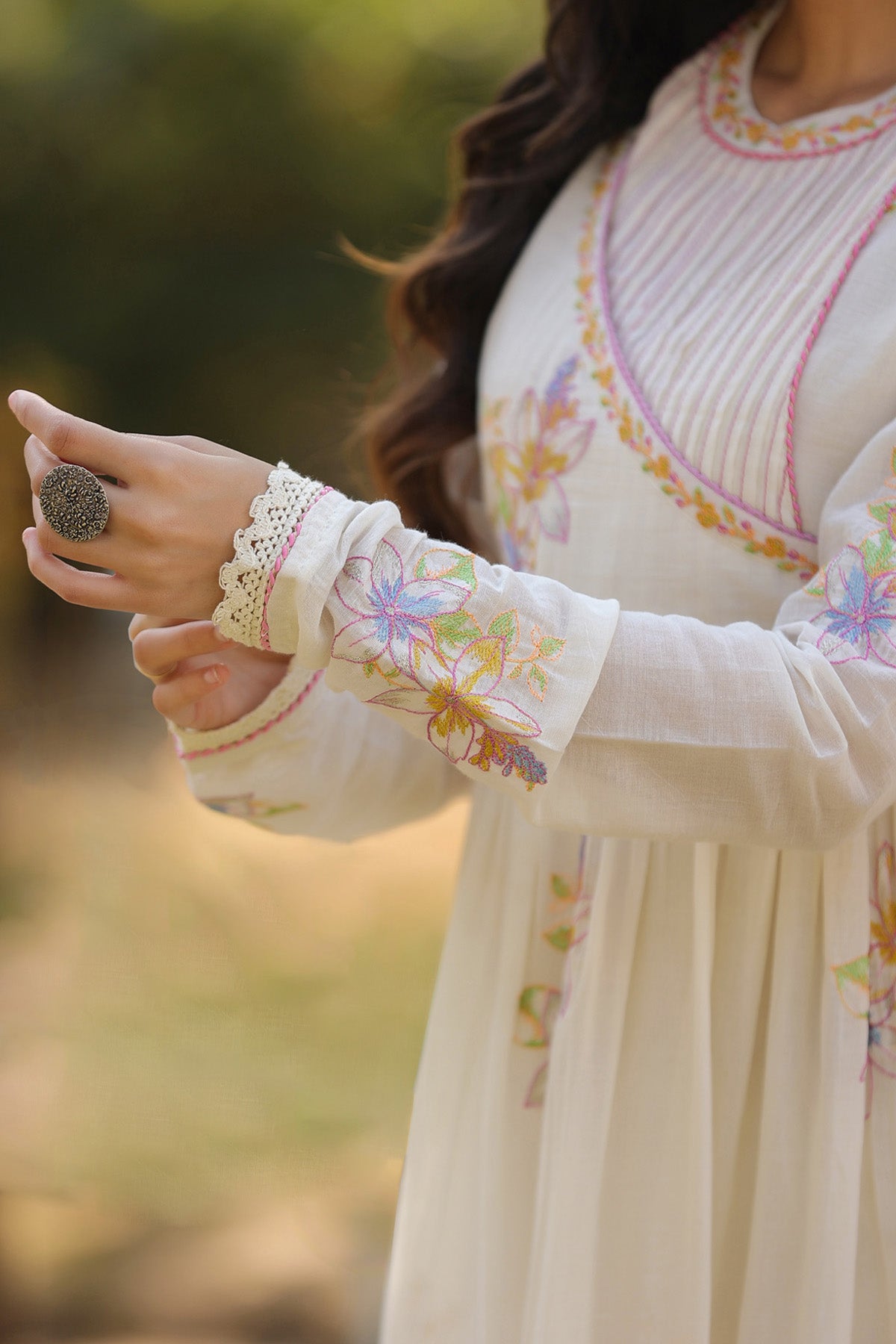 Cream Mul Mul Embroidered Anarkali Suit Set With Dupatta