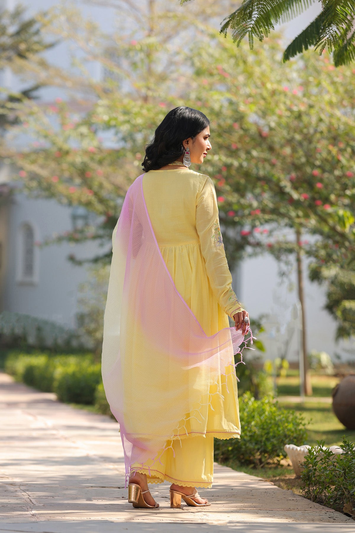 Yellow Mul Mul Embroidered Anarkali Suit Set With Dupatta