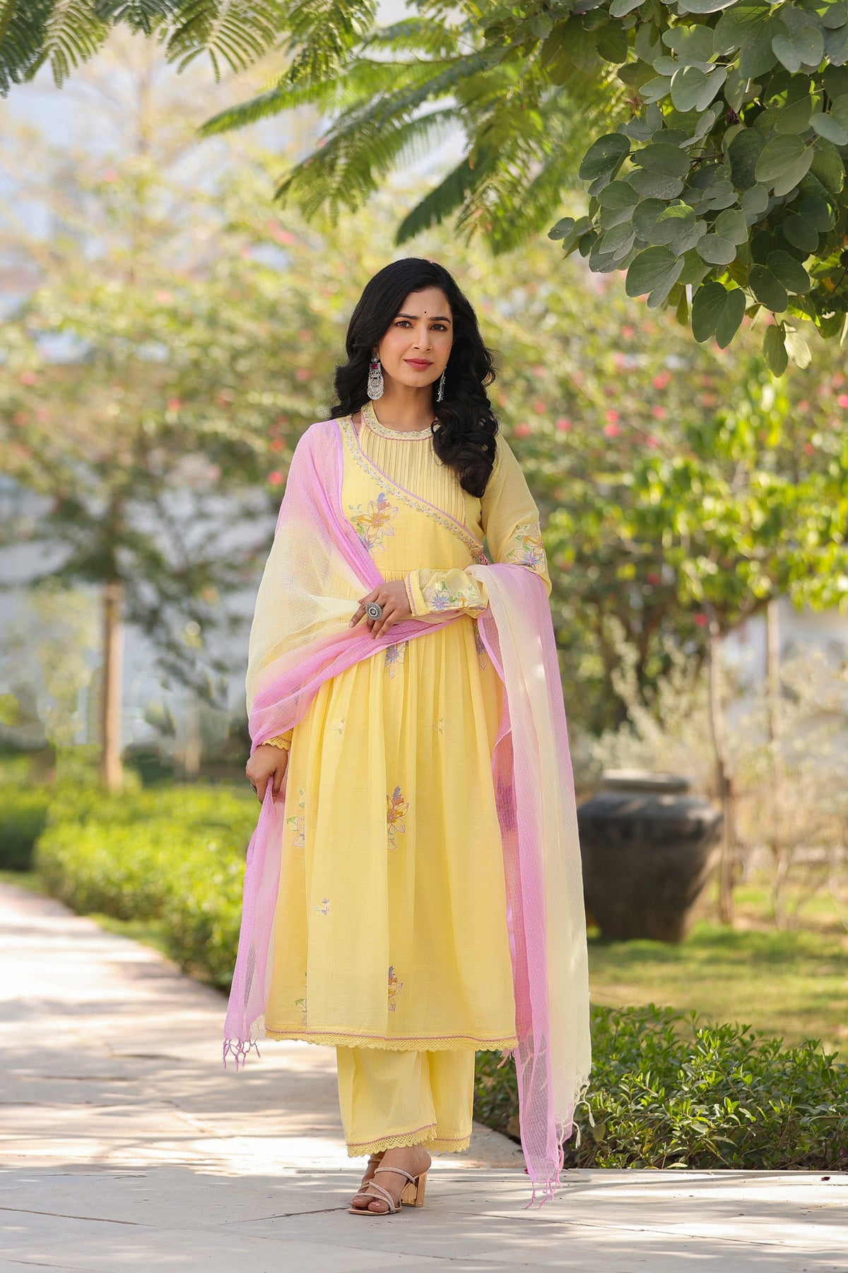 Yellow Mul Mul Embroidered Anarkali Suit Set With Dupatta