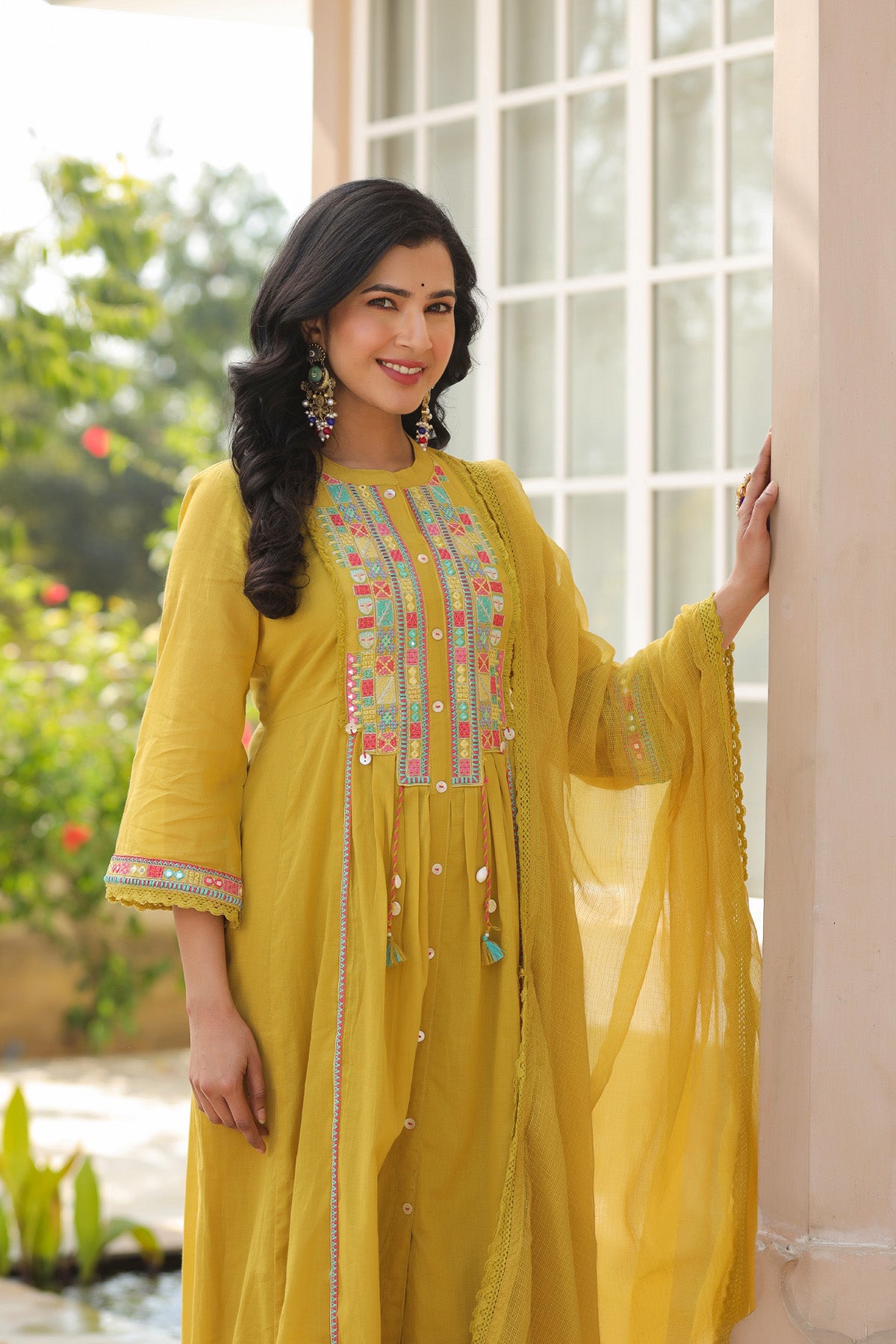 Yellow Mul Mul Embroidered Anarkali Suit Set With Dupatta