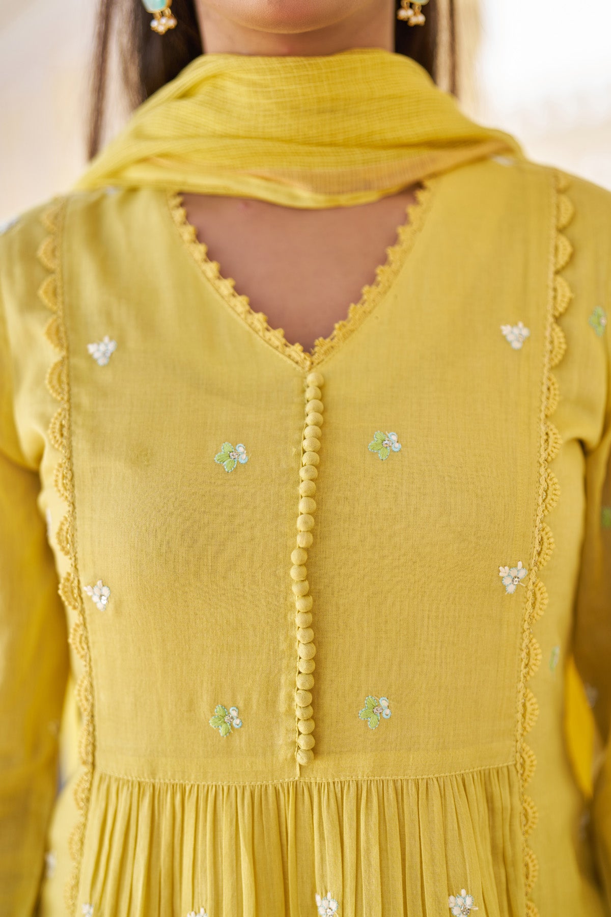 Yellow Mul Mul Embroidered Anarkali Suit Set With Dupatta