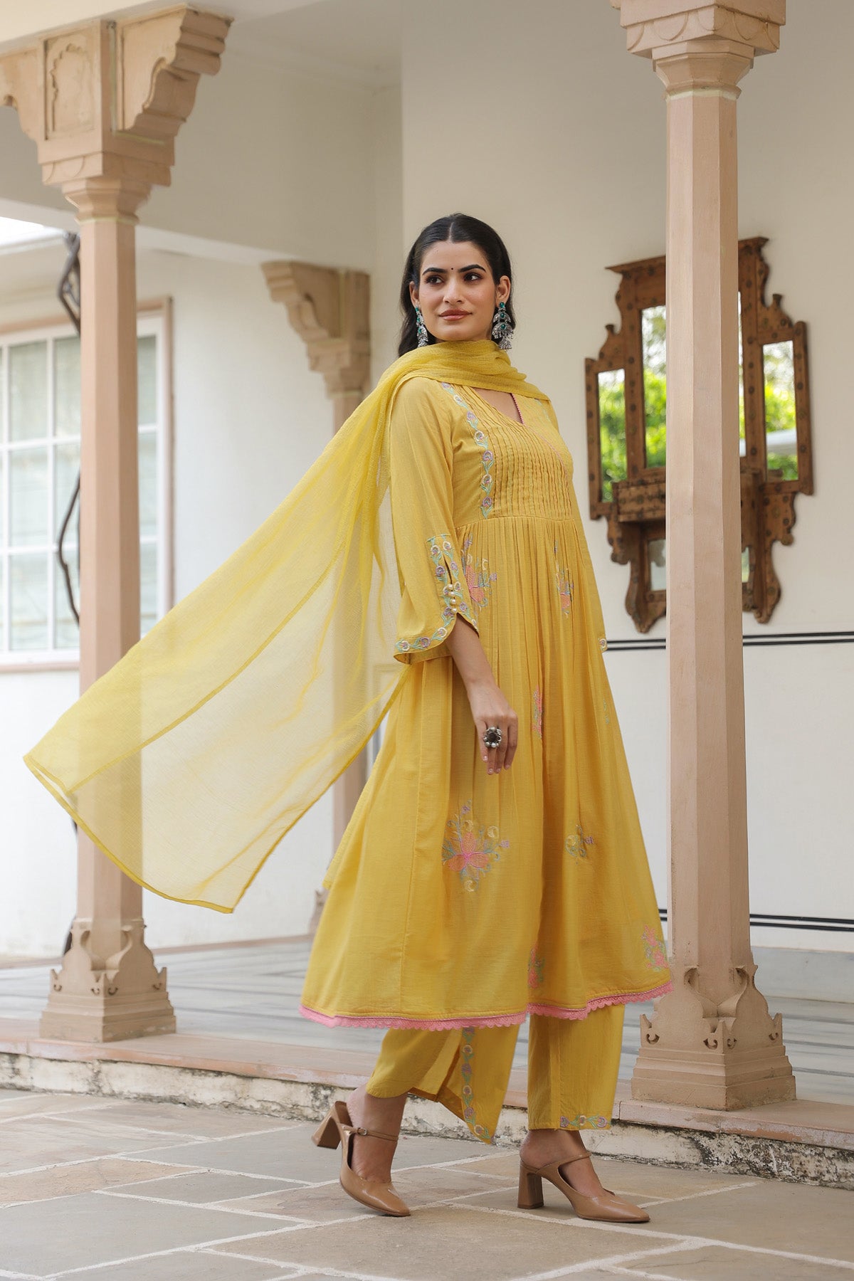 Yellow Mul Mul Embroidered Anarkali Suit Set With Dupatta