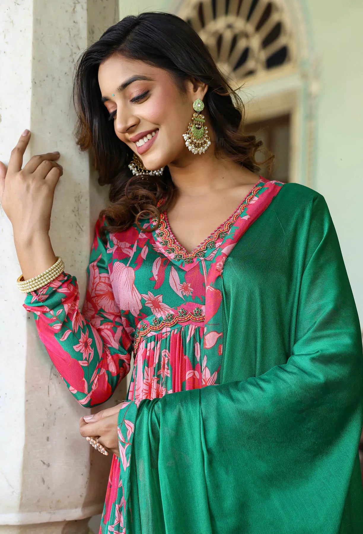 Pink Floral Chinon Handwork Anarkali Suit