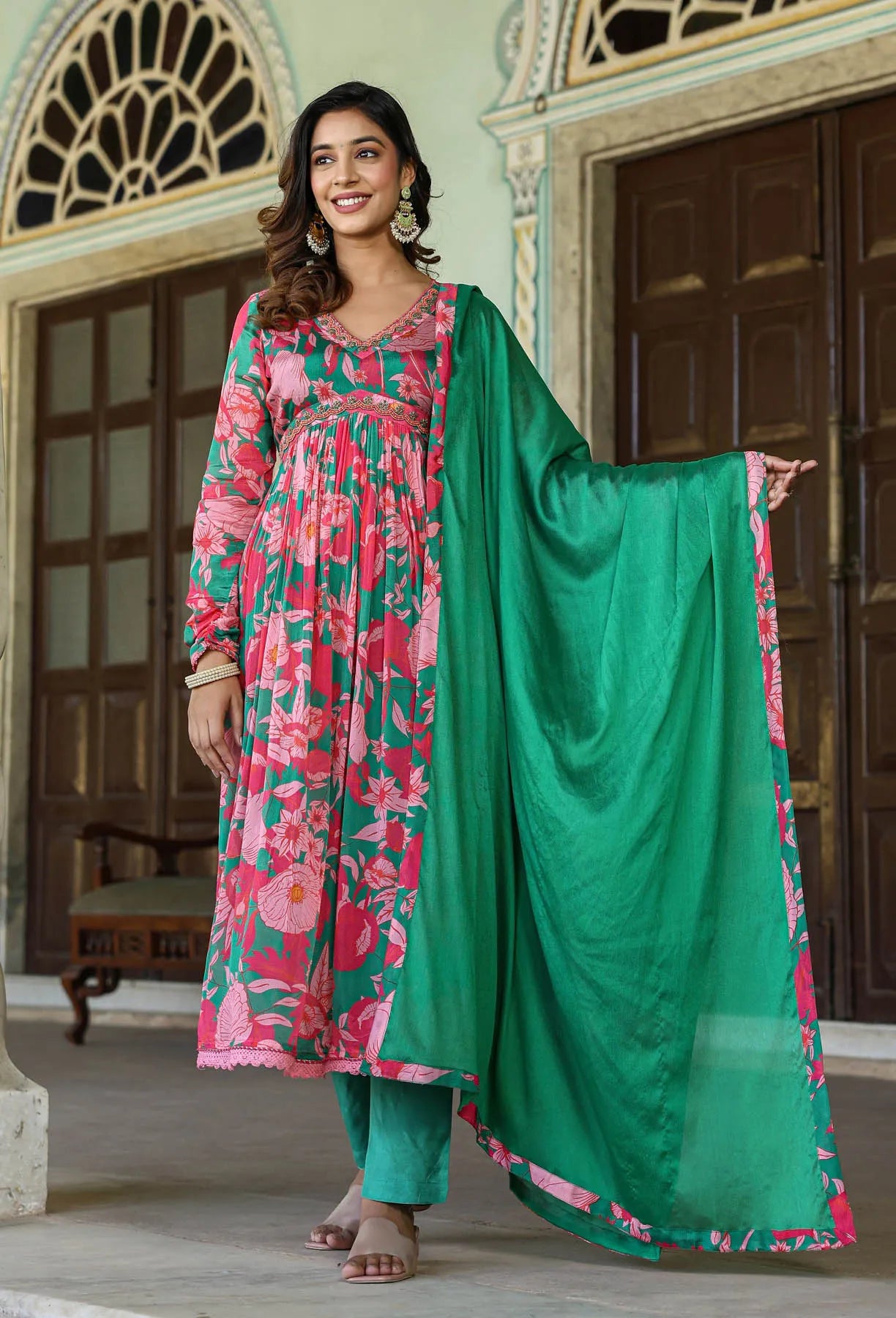 Pink Floral Chinon Handwork Anarkali Suit