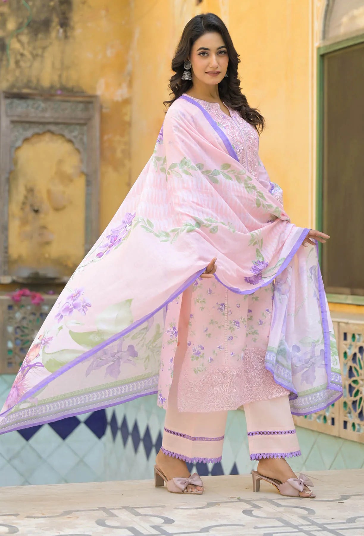 Pink Multicolor Cotton Printed Straight Cut Suit | Bairaas