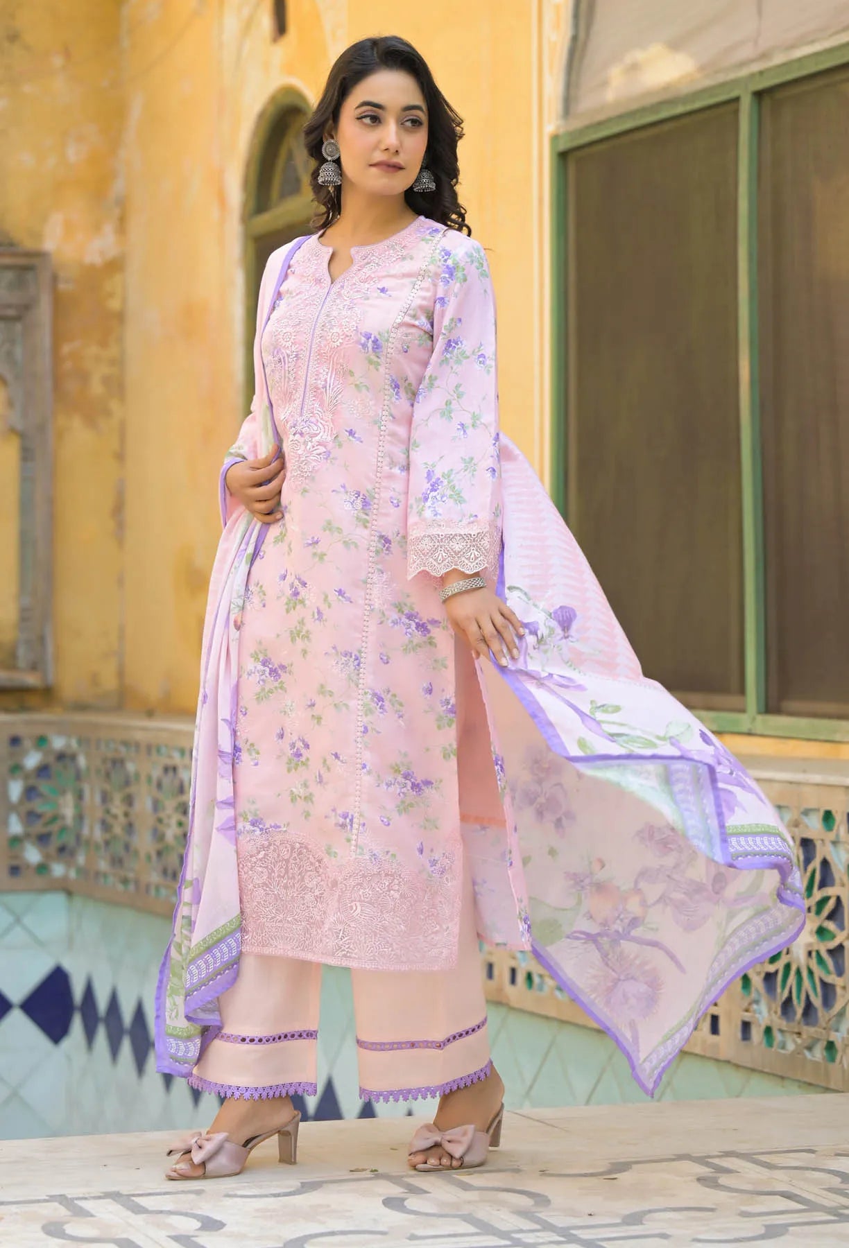 Pink Multicolor Cotton Printed Straight Cut Suit | Bairaas