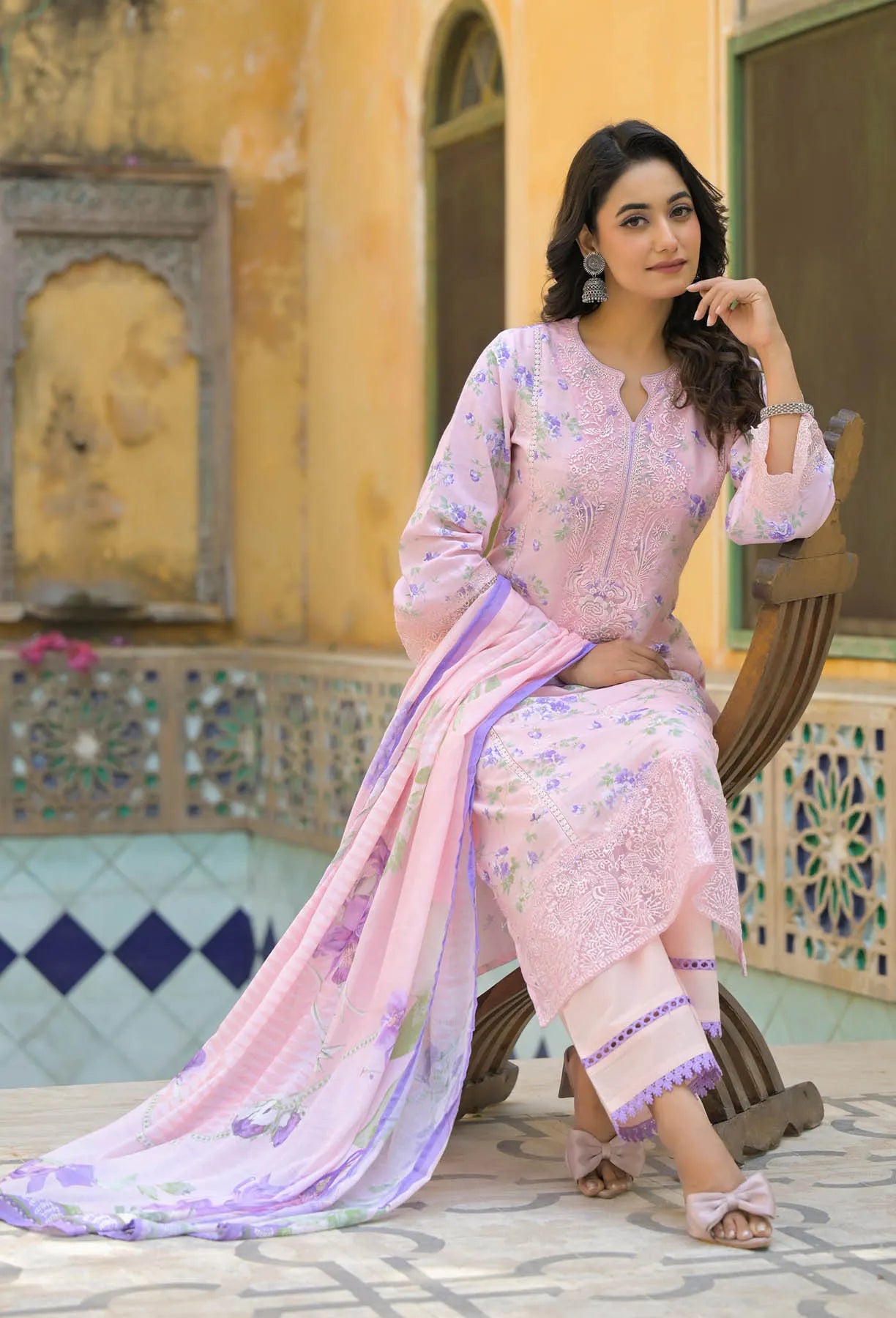 Pink Multicolor Cotton Printed Straight Cut Suit | Bairaas