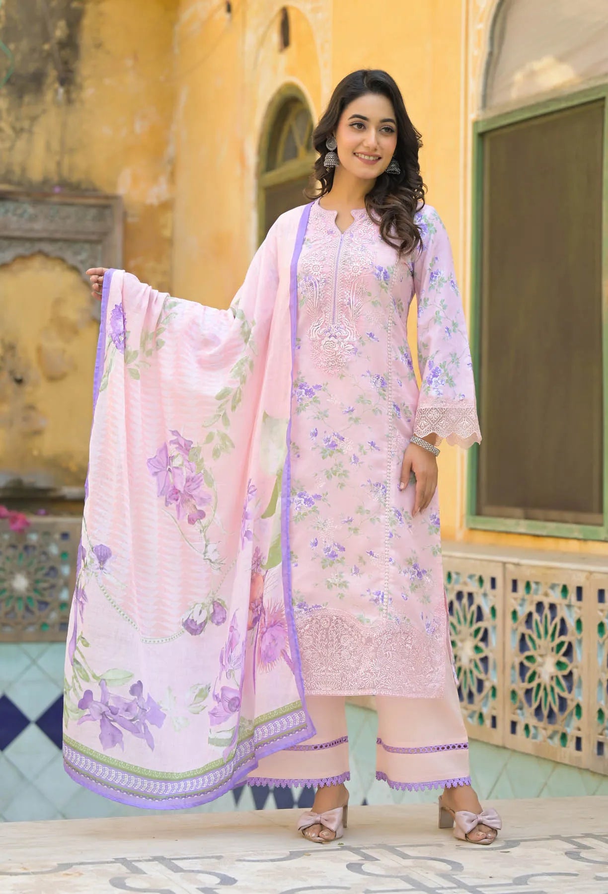 Pink Multicolor Cotton Printed Straight Cut Suit | Bairaas