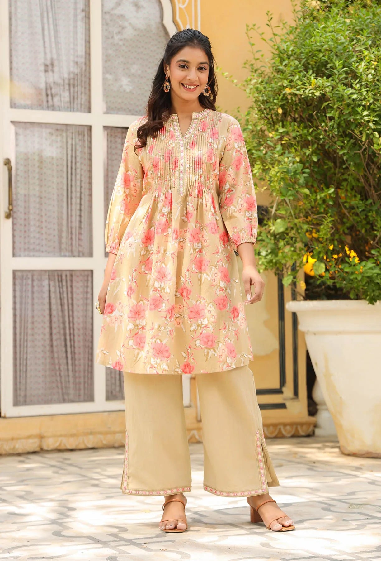 Beige Floral Cotton Co-Ord Set | Bairaas