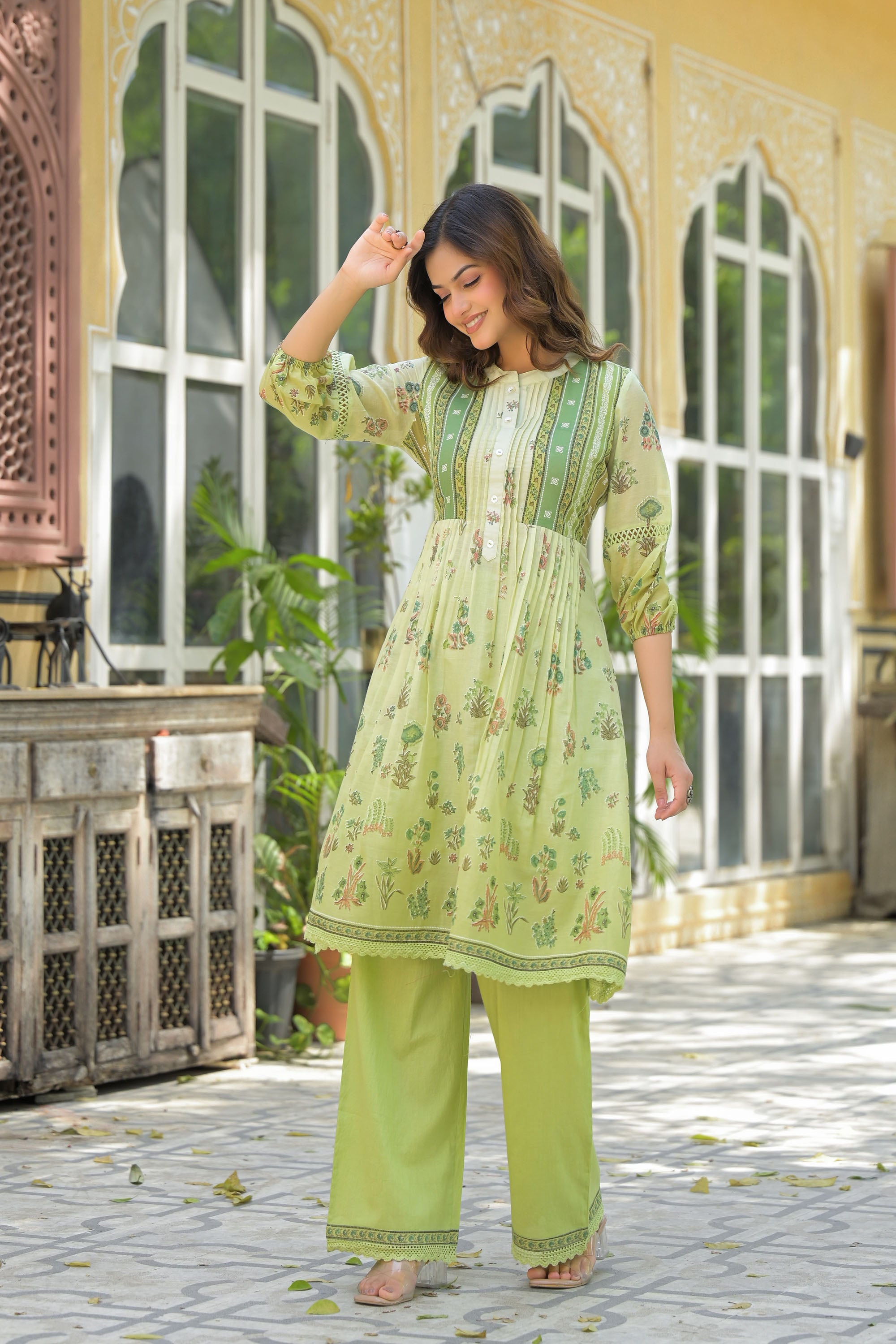 Green Mul Mul Printed Cord Set