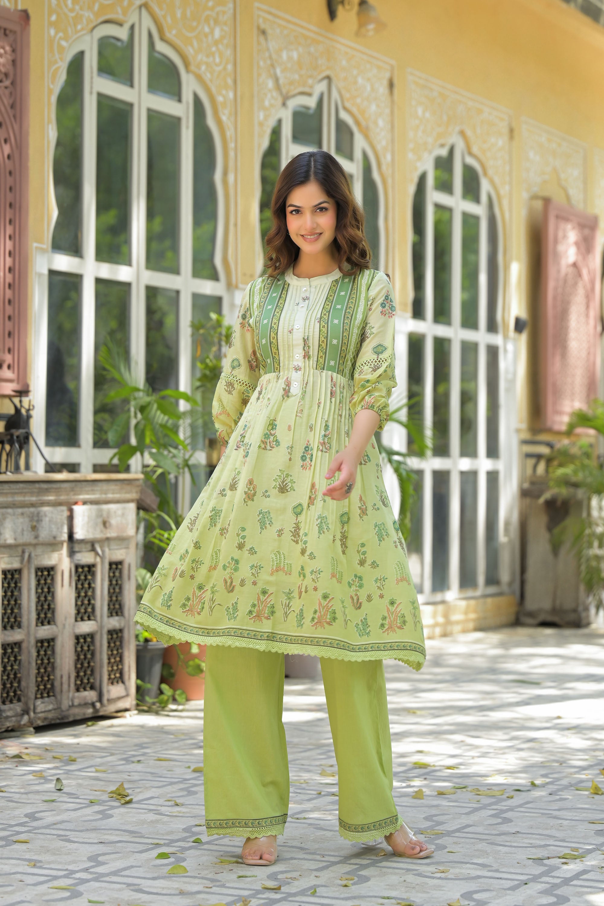 Green Mul Mul Printed Cord Set