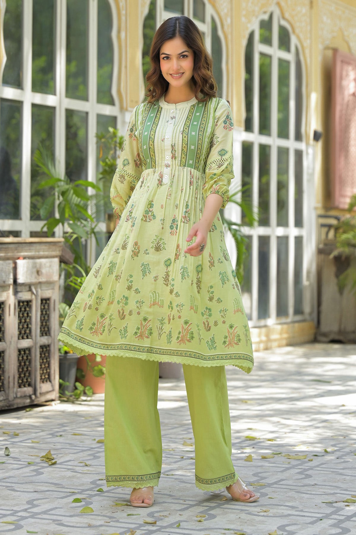 Green Mul Mul Printed Cord Set