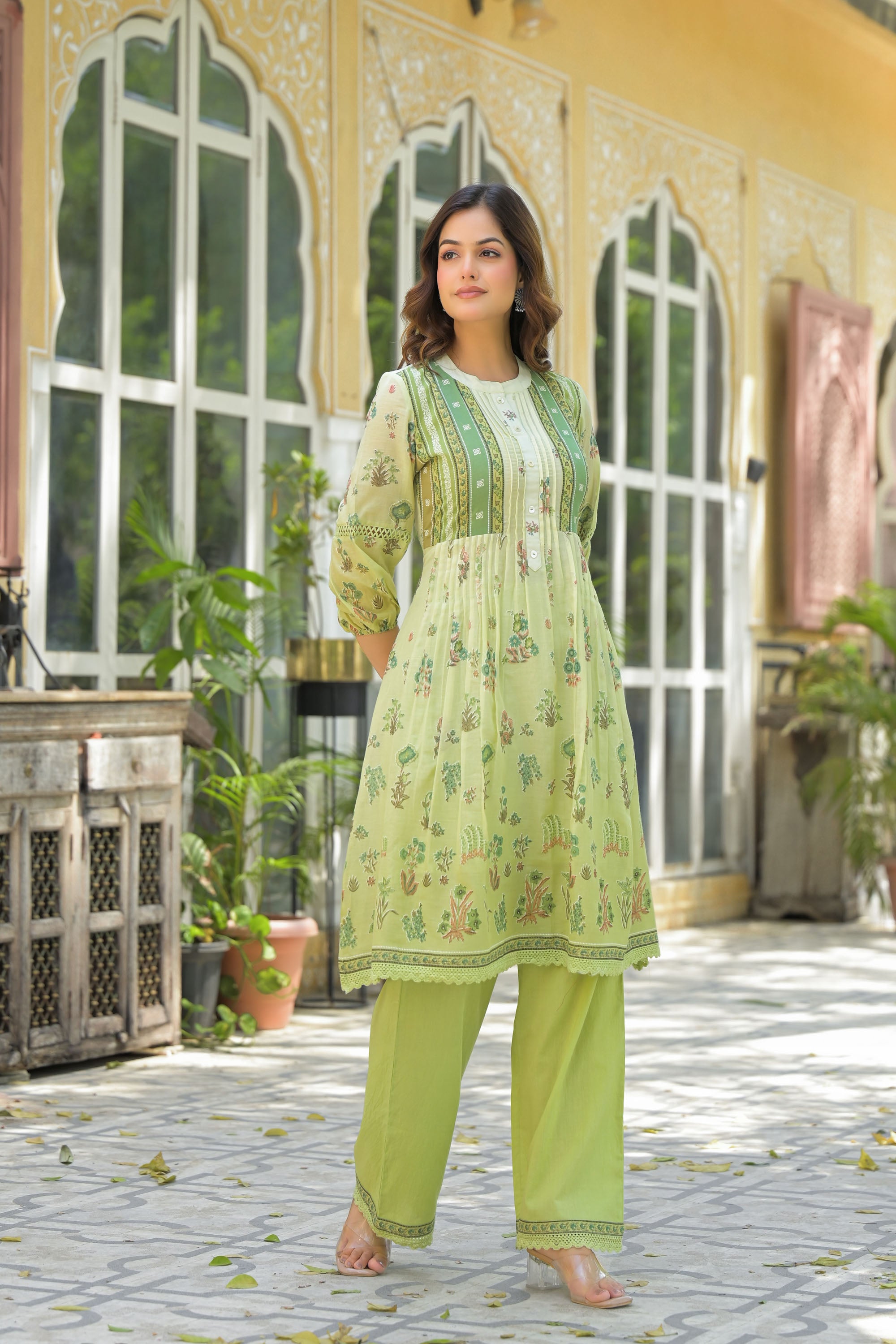 Green Mul Mul Printed Cord Set