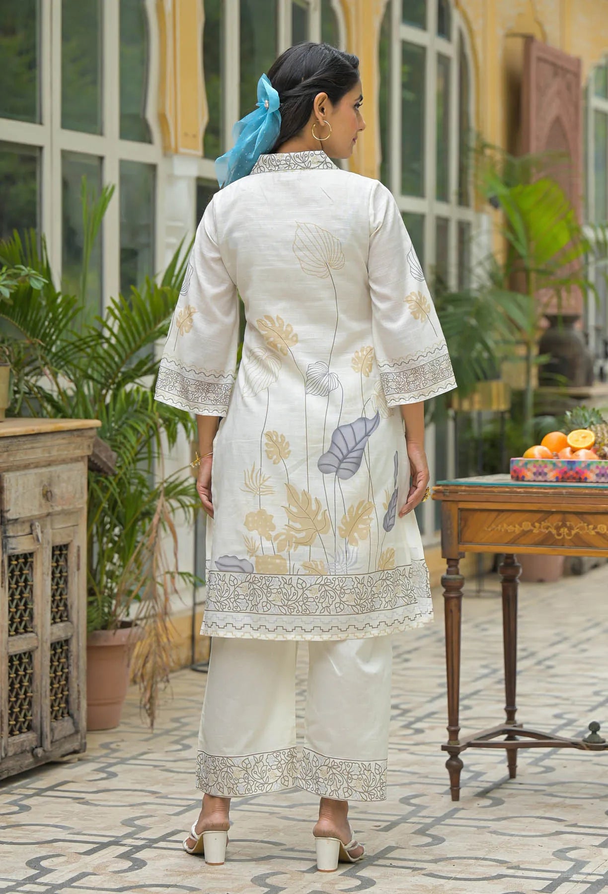 Cream Mustard Linen Printed Co-Ord Set | Bairaas