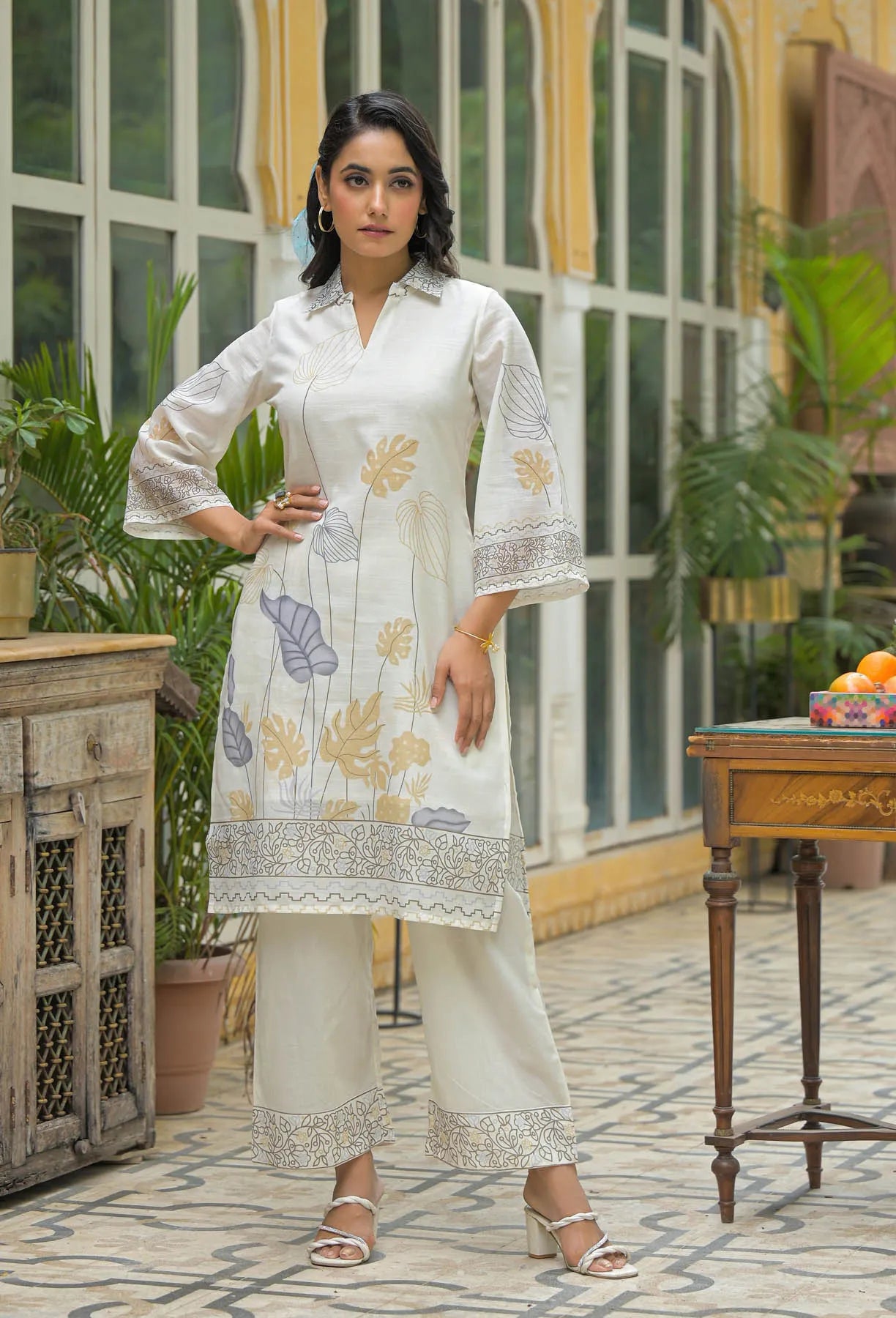 Cream Mustard Linen Printed Co-Ord Set | Bairaas