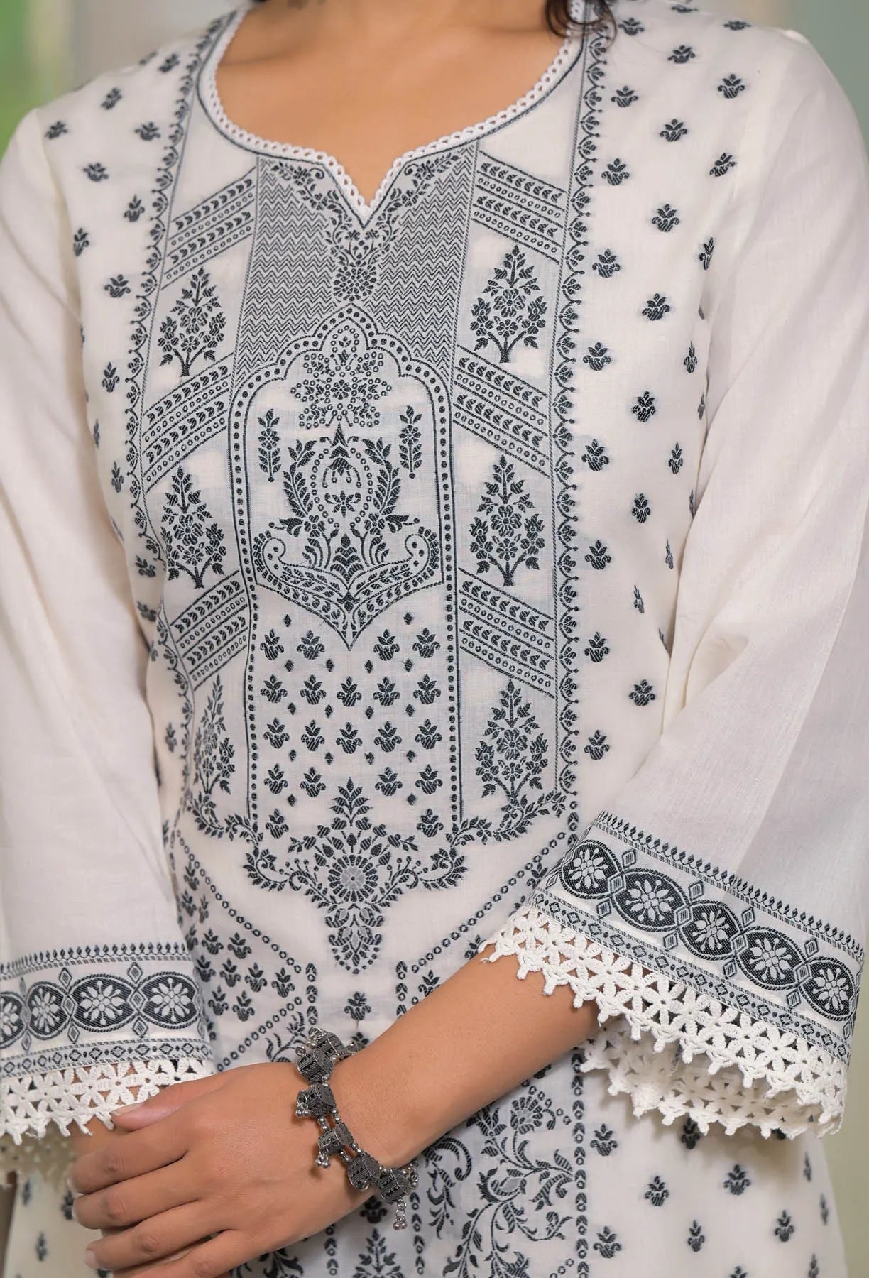 White Cotton Embroidered Straight Cut Suit Set | Bairaas