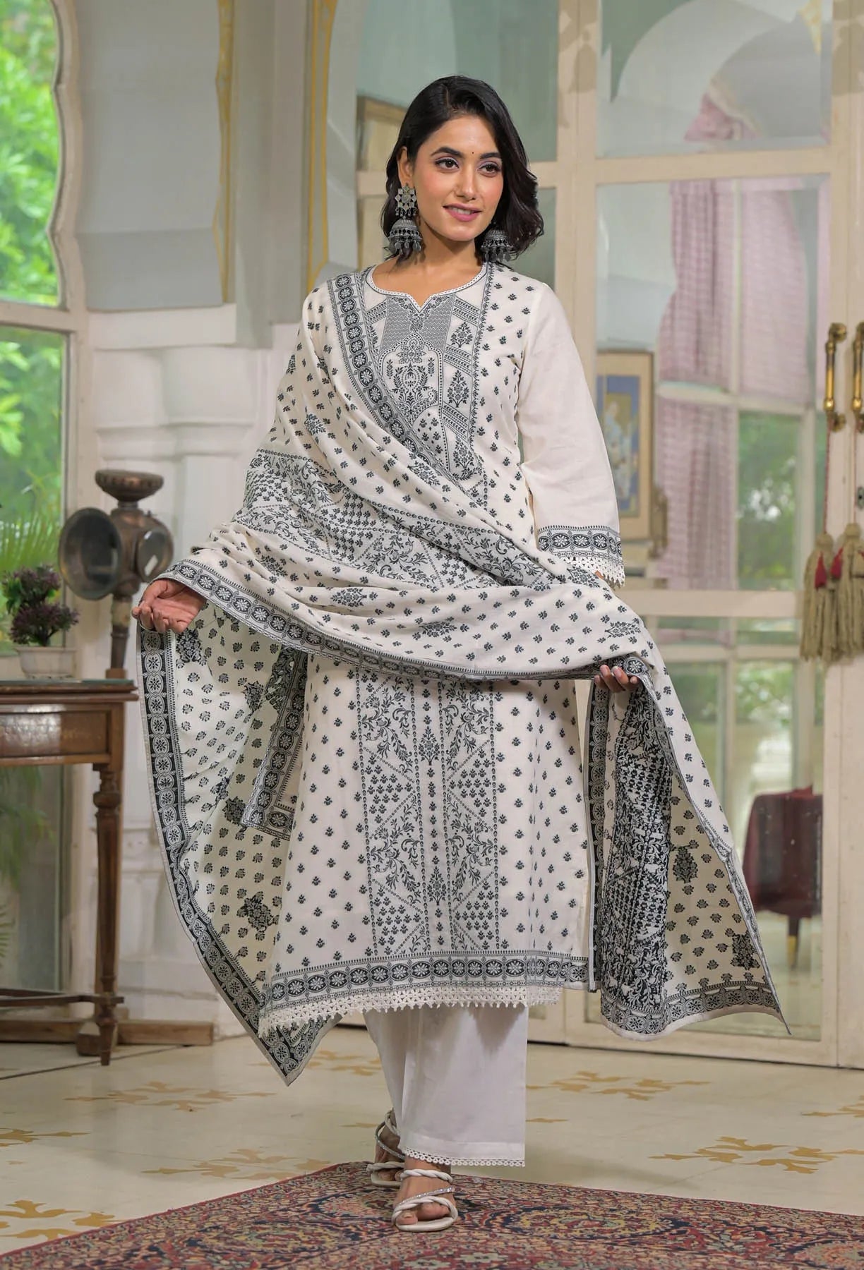 White Cotton Embroidered Straight Cut Suit Set | Bairaas
