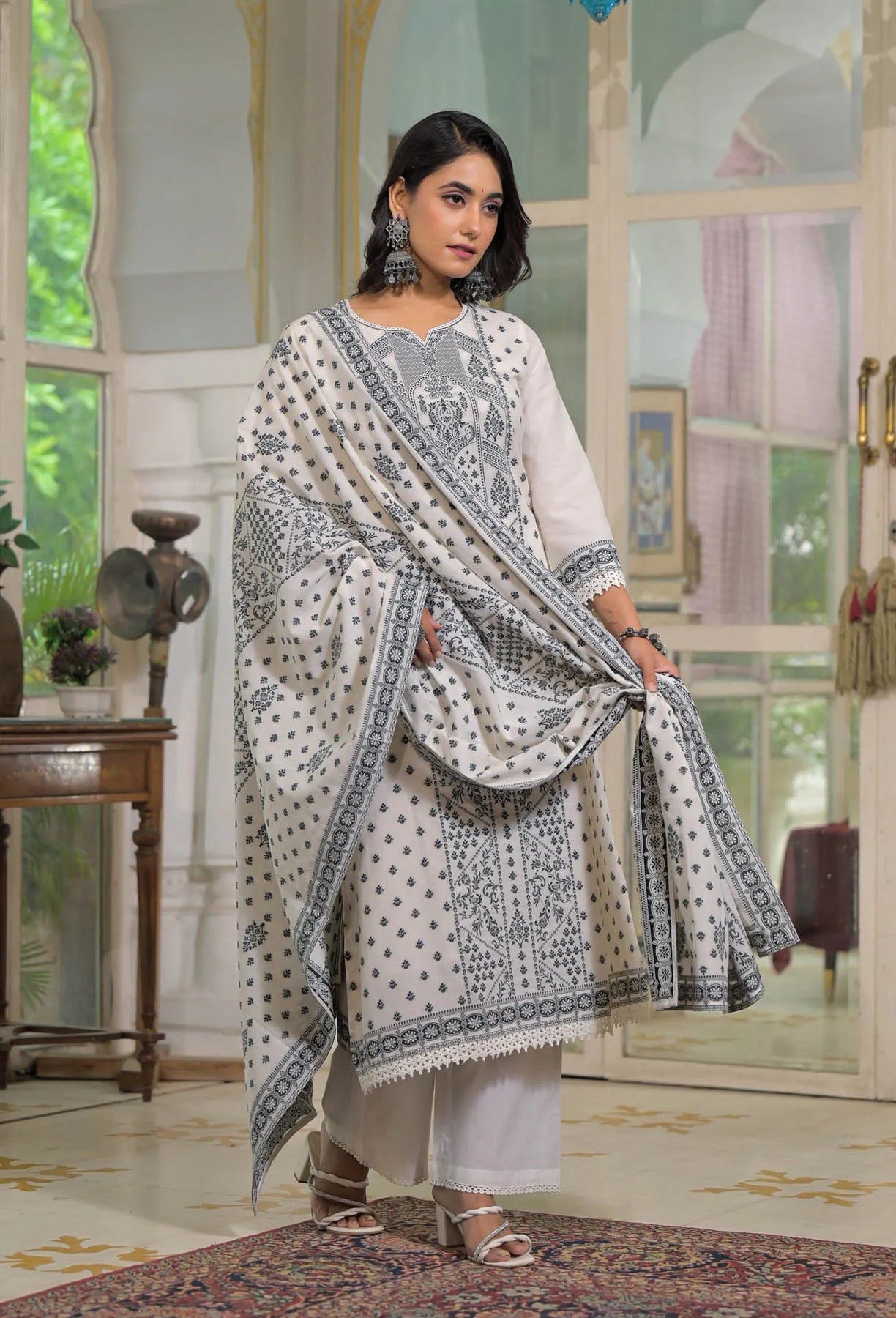 White Cotton Embroidered Straight Cut Suit Set | Bairaas