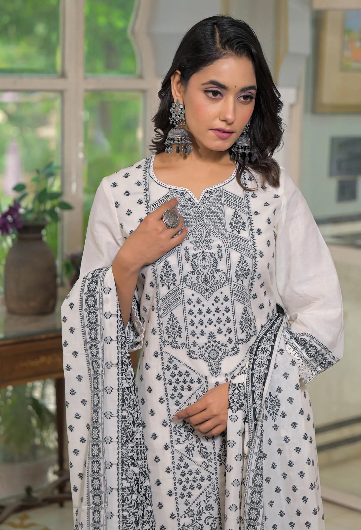 White Cotton Embroidered Straight Cut Suit Set | Bairaas