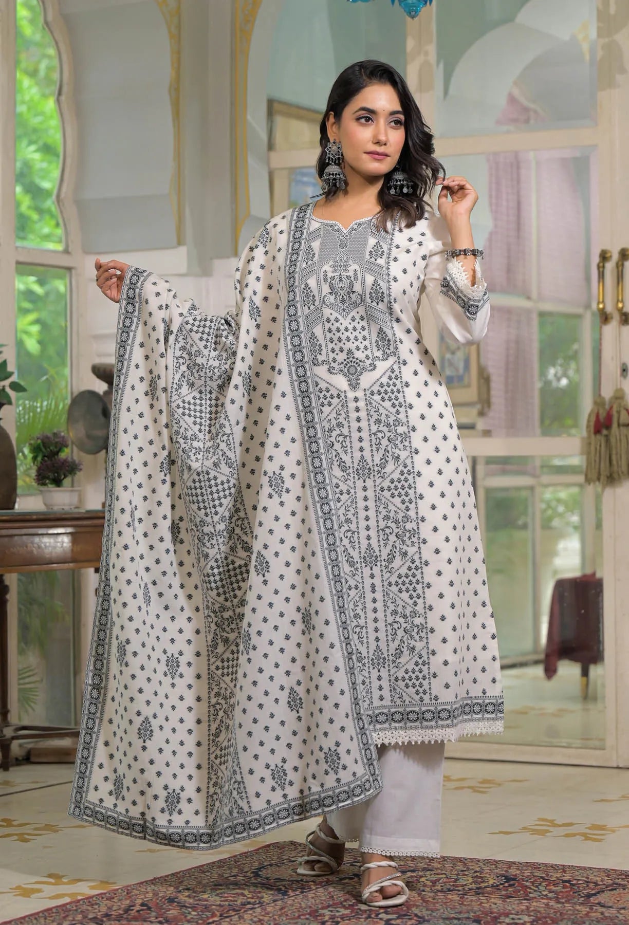 White Cotton Embroidered Straight Cut Suit Set | Bairaas