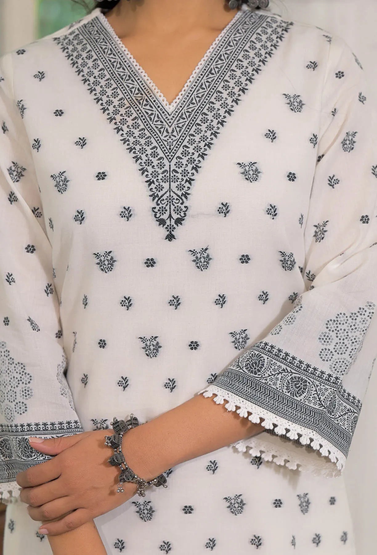 White Cotton Straight Embroidered Suit Set | Bairaas