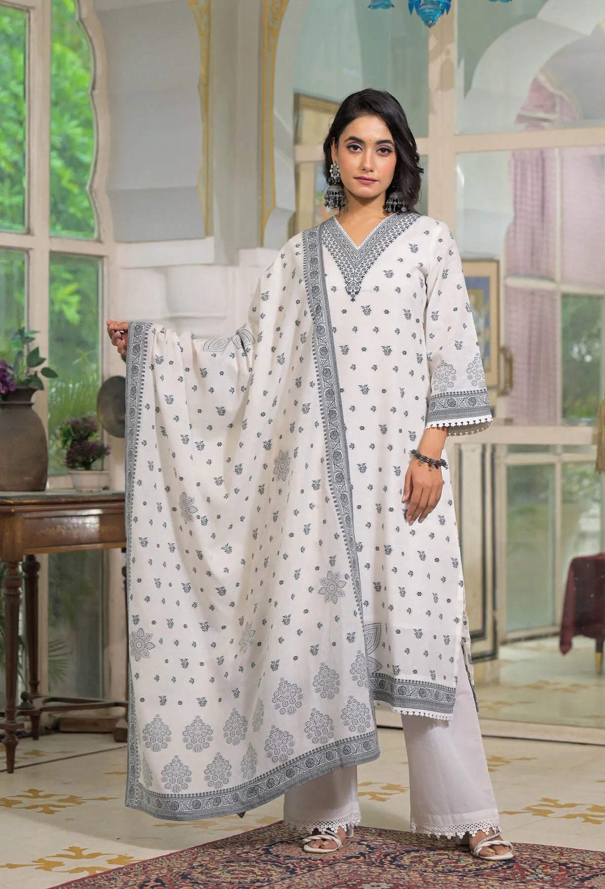 White Cotton Straight Embroidered Suit Set | Bairaas