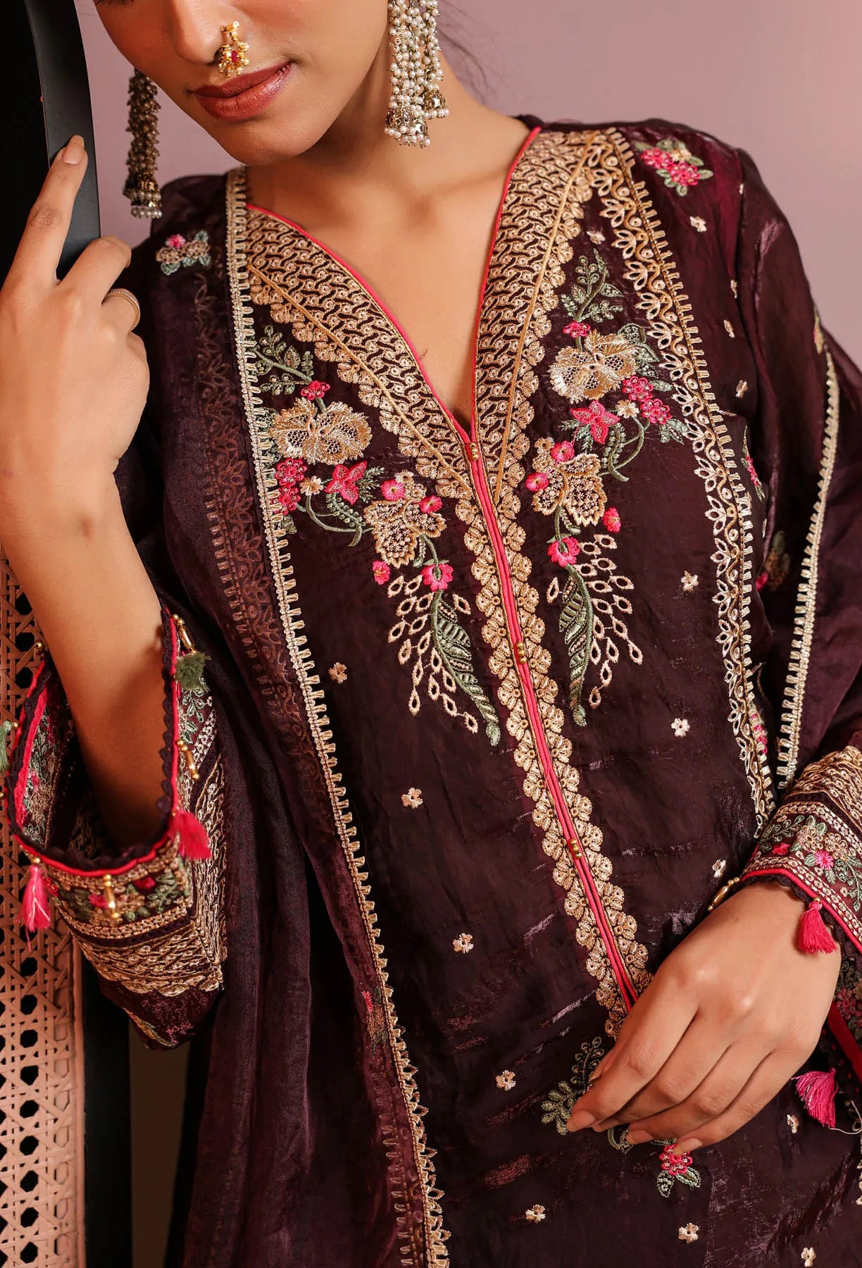 Maroon Shimmer Embroidered Pakistani Suit Set