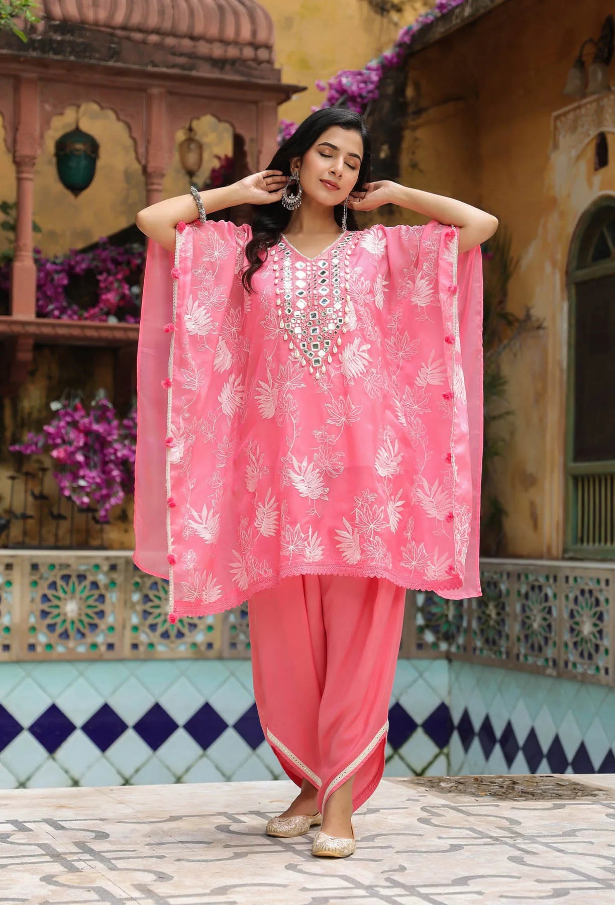 Pink Organza Embroidered Kaftan Set with Potli Bag