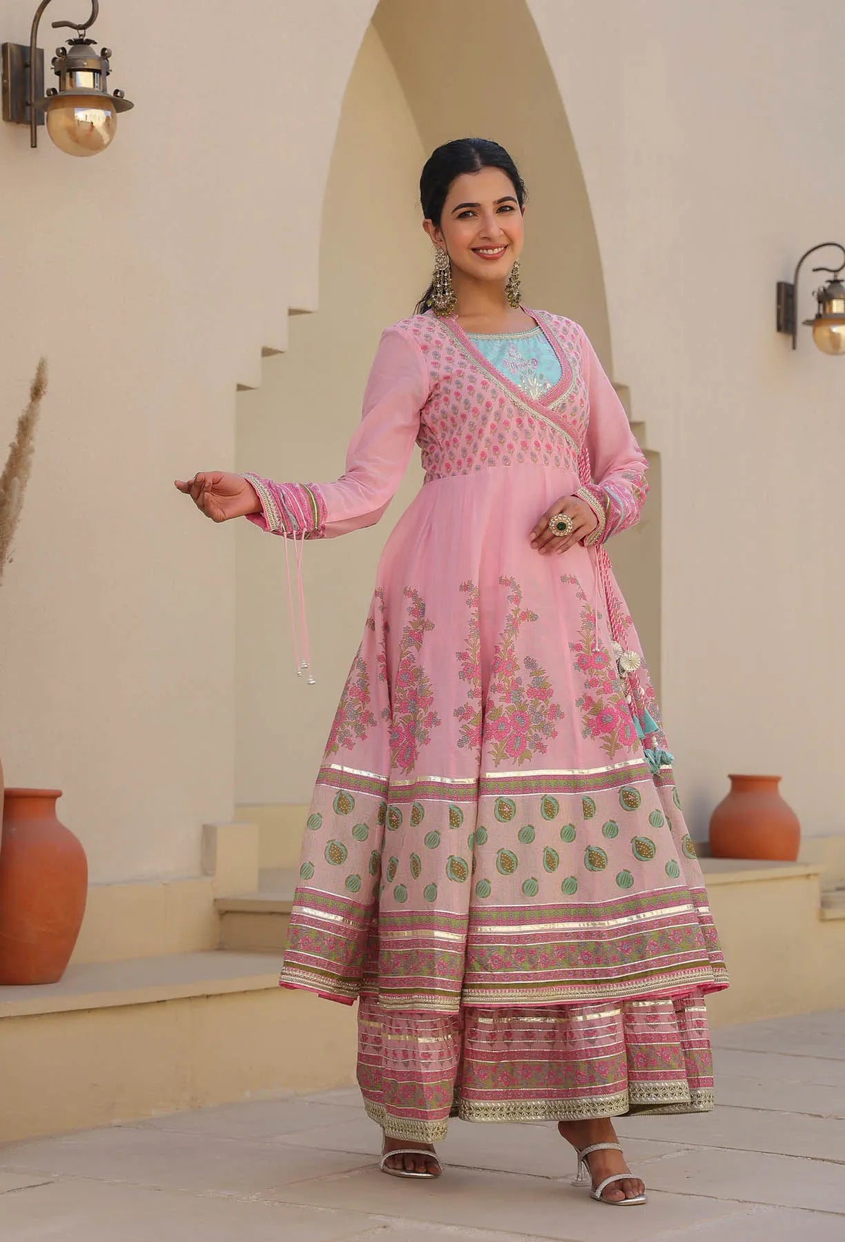 Pink Cotton Gotapatti Gown Set | Bairaas