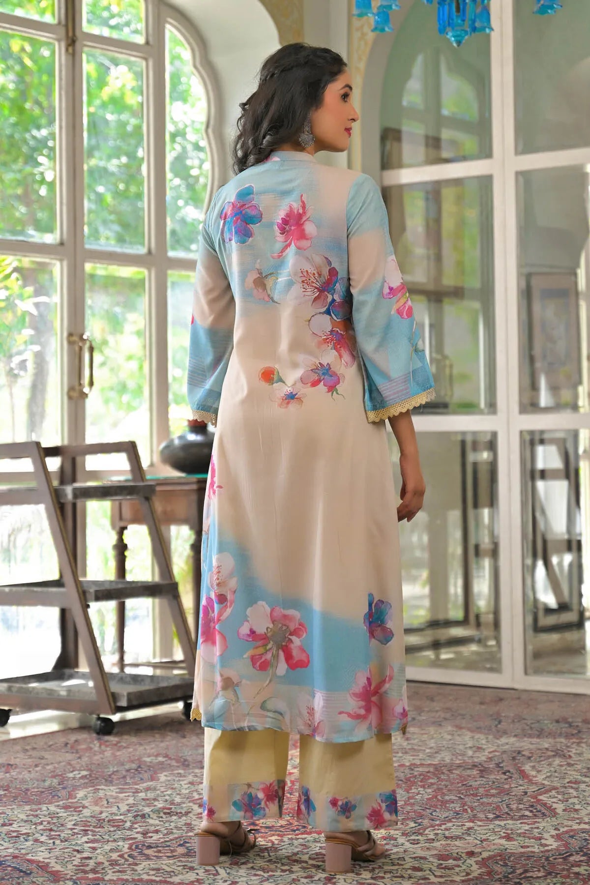 Beige Multicolor Cotton Embroidered A-Line Suit Set