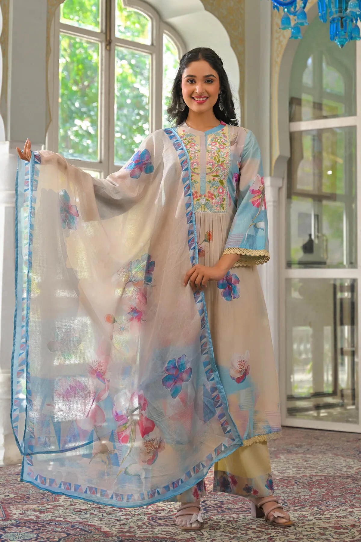 Beige Multicolor Cotton Embroidered A-Line Suit Set